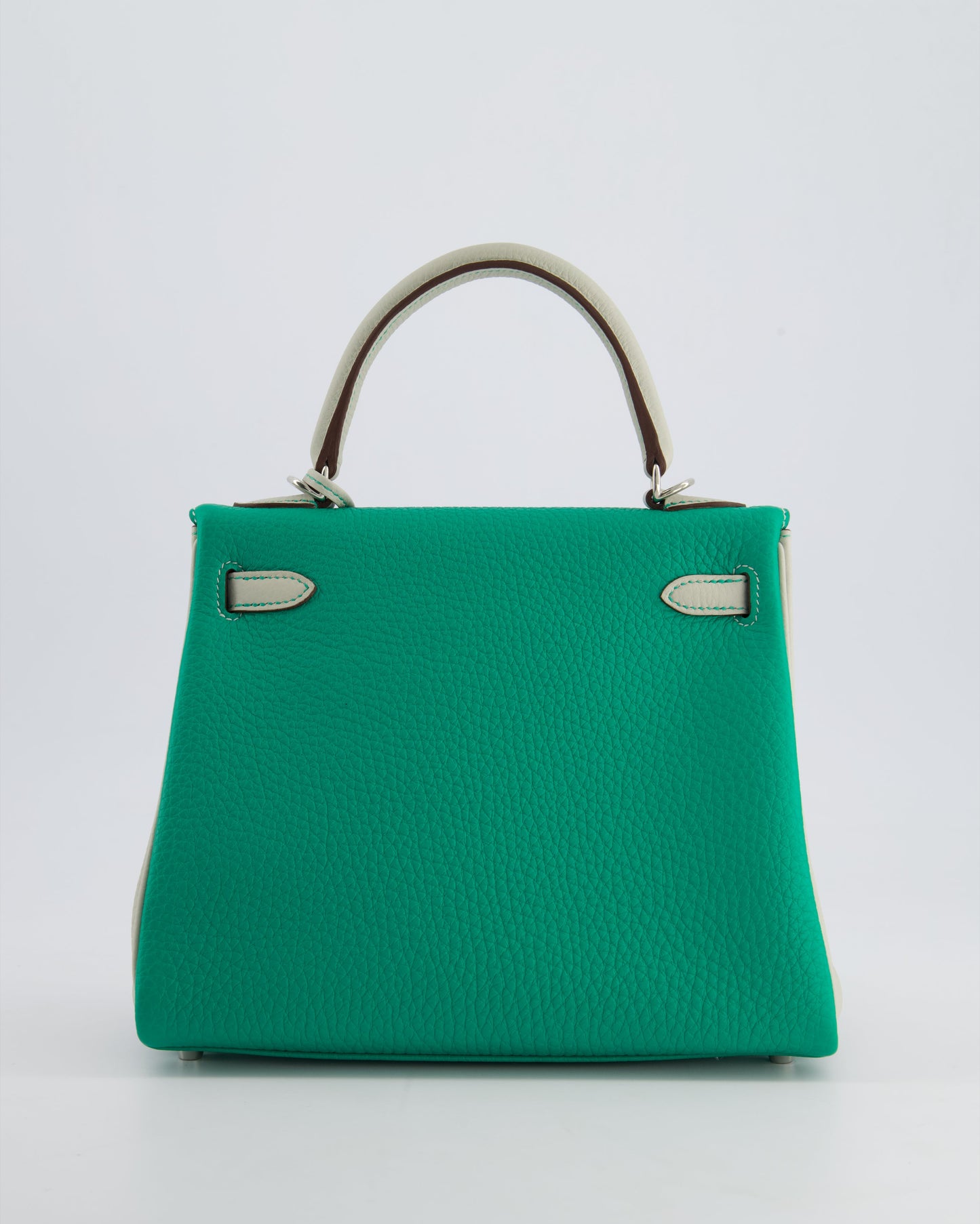 *SUPER RARE* Hermes HSS Kelly 25 Retourne Bag in Vert Vertigo & Gris Perle Togo Leather with Palladium Hardware & Contrast Stitching