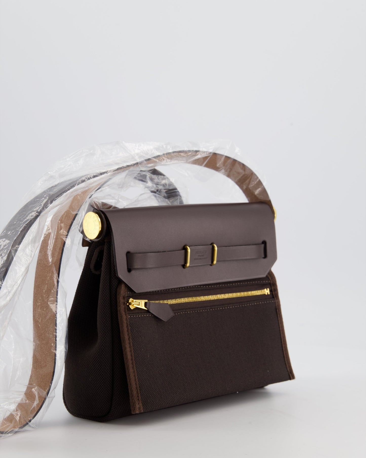 *Hot & RARE* Hermes Herbag Zip 20 Bag in Ebene Viking Canvas & Ebene Vache Hunter Leather with Gold Hardware