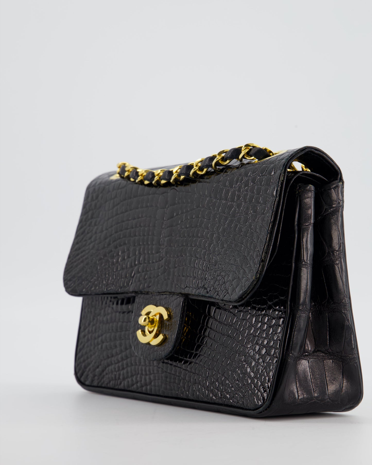 *RARE* Chanel Black Vintage Classic Flap Bag in Shiny Crocodile Leather with 24K Gold Hardware