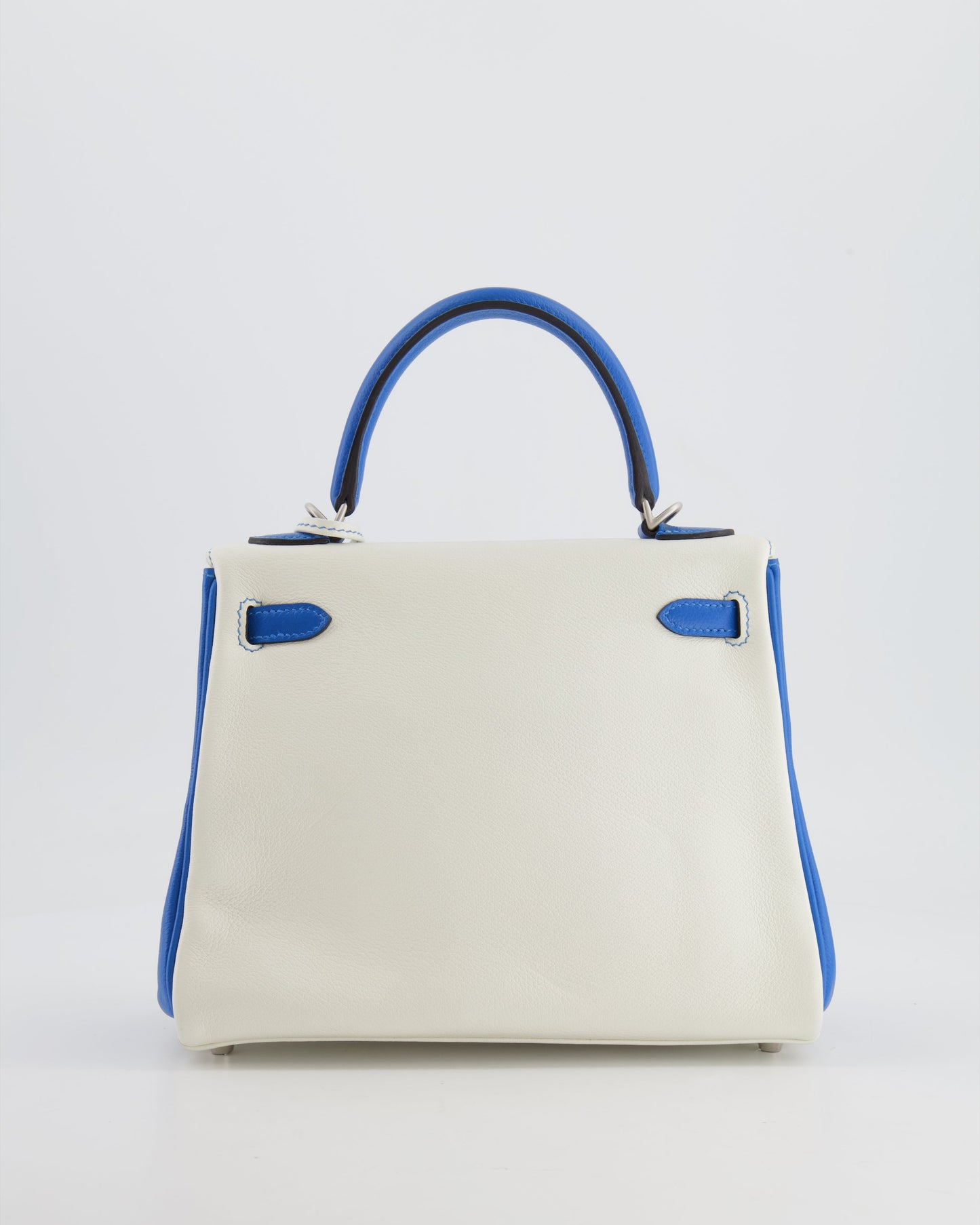 Hermes HSS Kelly 25 Retourne Bag in White and Bleu Mykonos Evercolor Leather with Contrast Stitching and Brushed Palladium Hardware