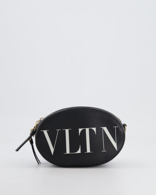 Valentino Black Leather Small Round Bag with White VLTN Print Detail and Champagne Gold Rockstud Strap