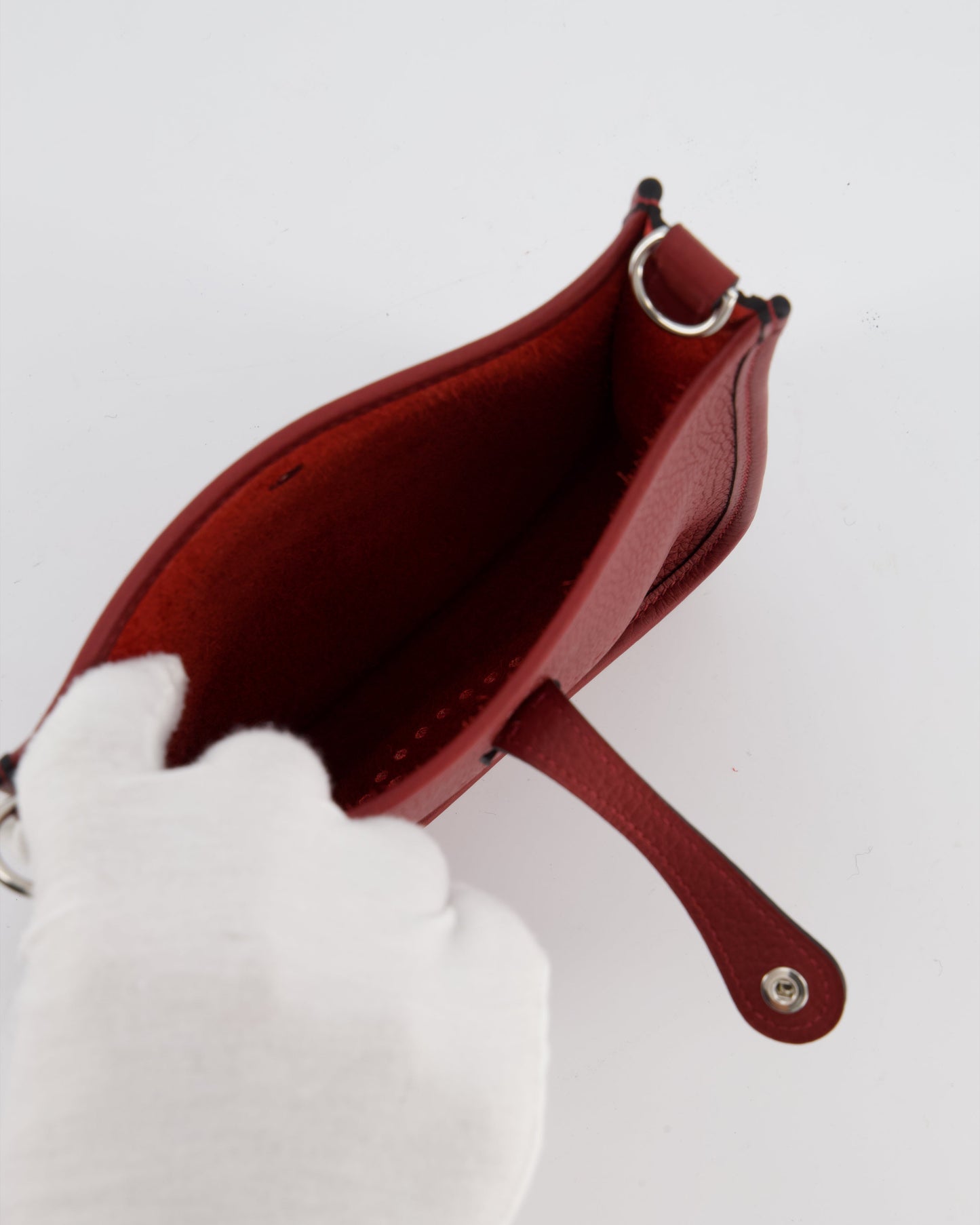 Hermes Mini Evelyne Bag in Rouge H in Clemence Leather with Palladium Hardware