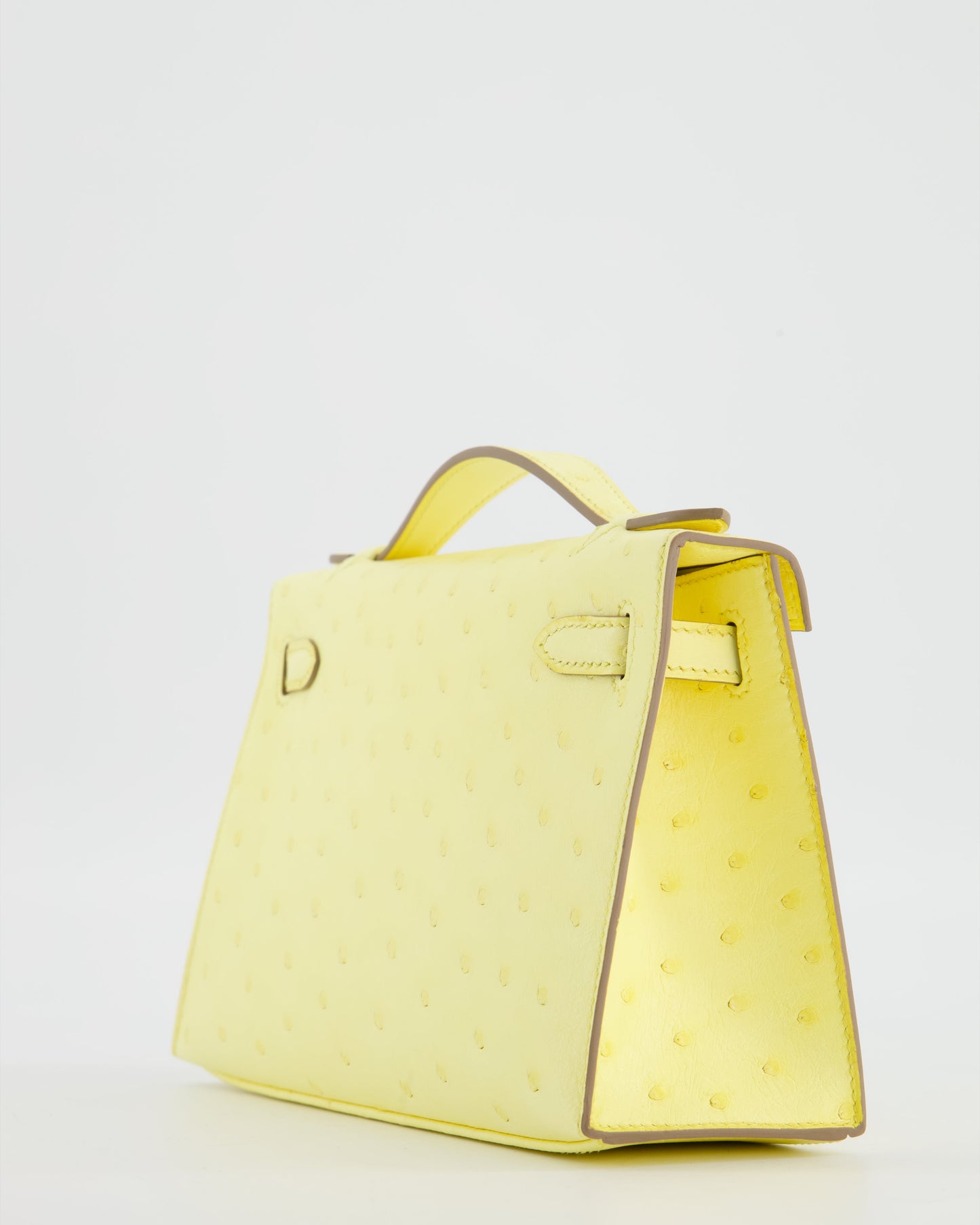 Hermes Kelly Pochette Bag in Limoncello Ostrich Leather with Palladium Hardware