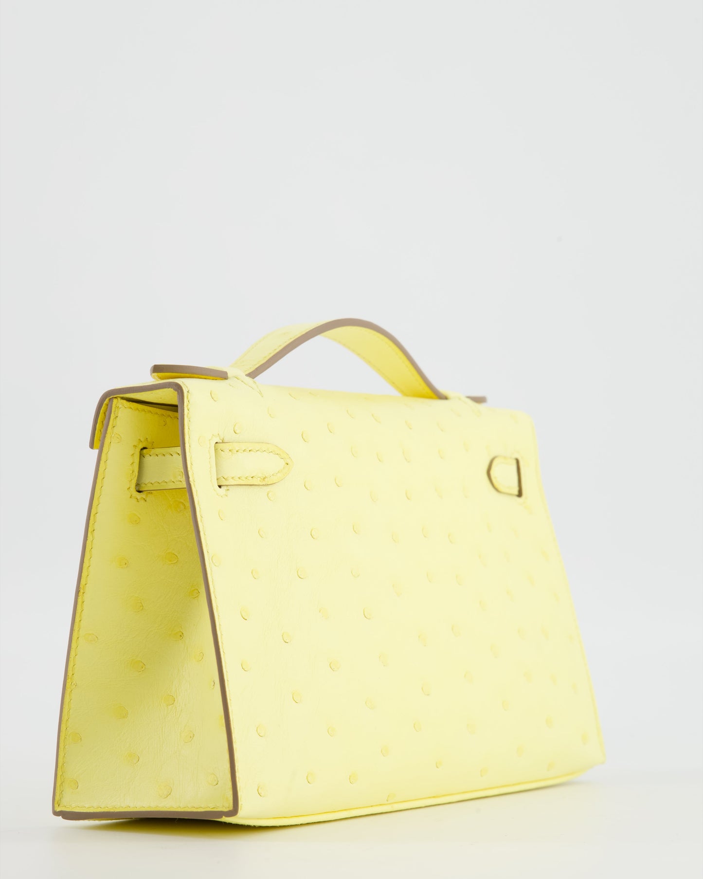 Hermes Kelly Pochette Bag in Limoncello Ostrich Leather with Palladium Hardware