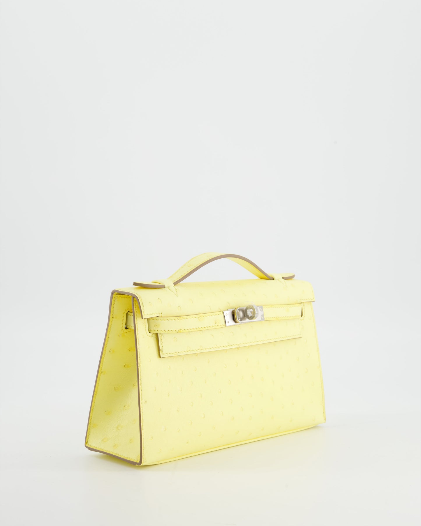 Hermes Kelly Pochette Bag in Limoncello Ostrich Leather with Palladium Hardware