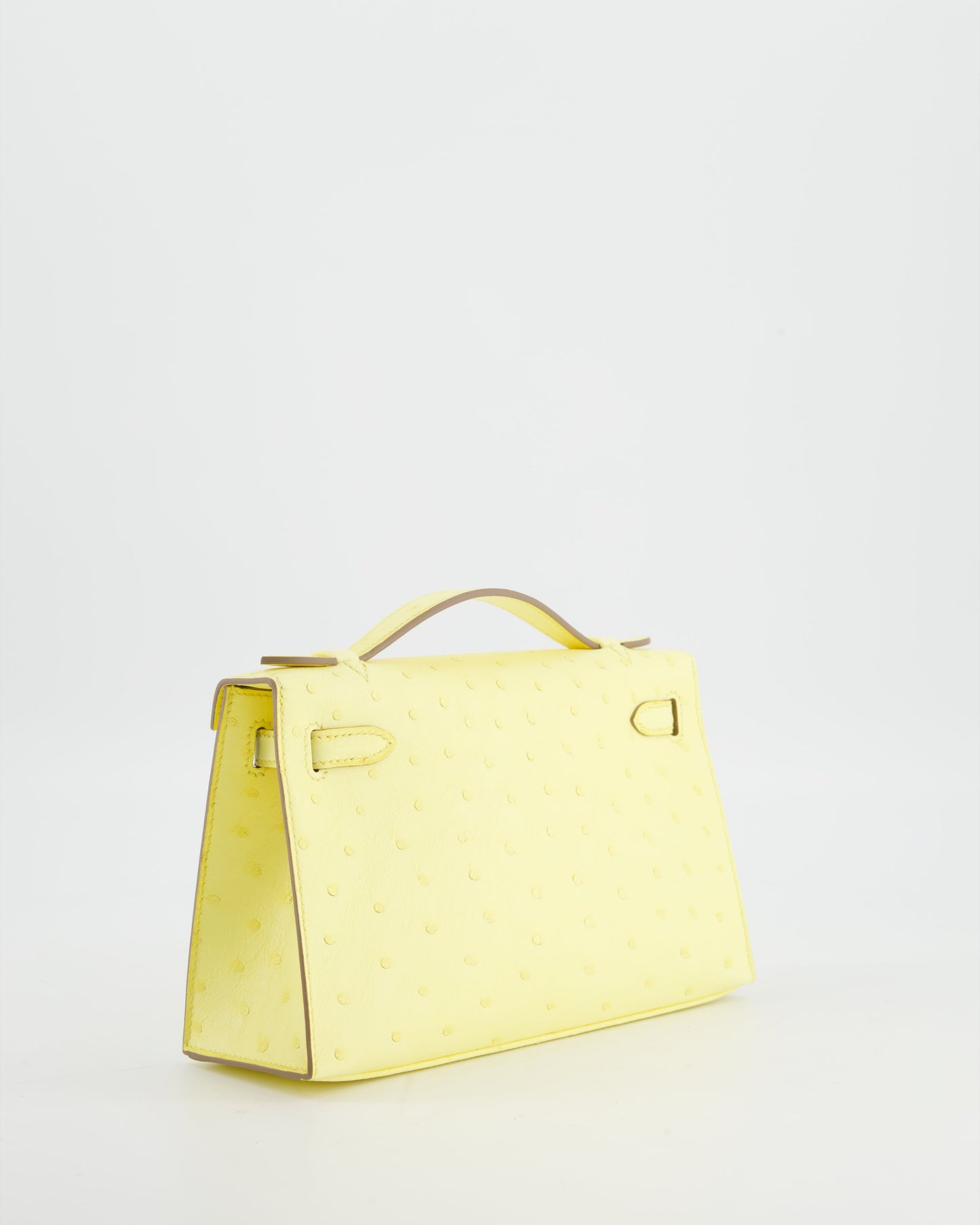 Hermes Kelly Pochette Bag in Limoncello Ostrich Leather with Palladium Hardware