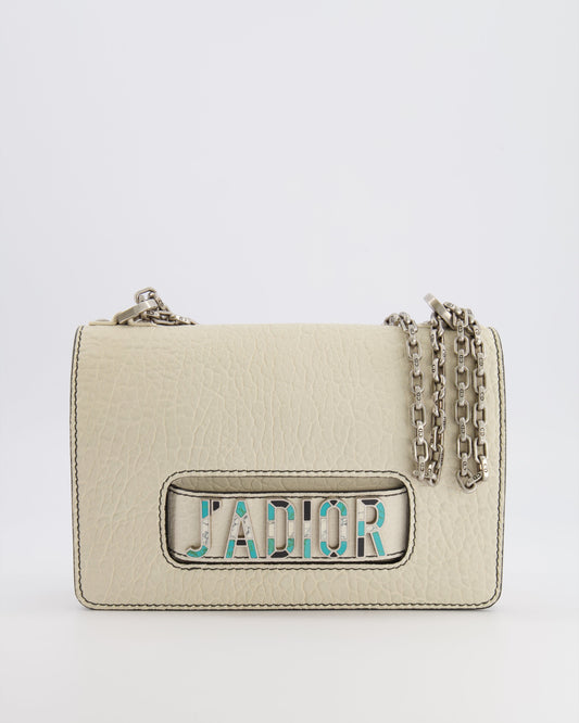 Christian Dior White Pebbled Leather J'Adior Flap Bag with Turquoise and White Logo, Silver Hardware
