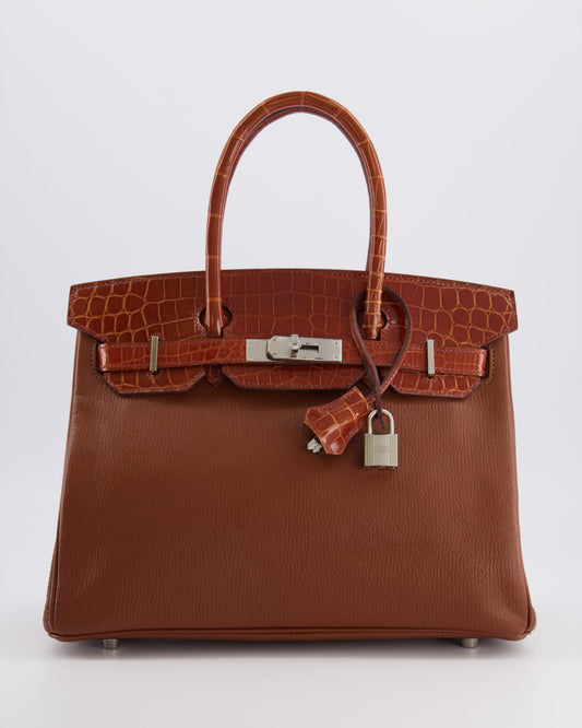 Hermes Birkin 30 Touch Bag in Noisette Chèvre Mysore and Etrusque Crocodile Niloticus Leather with Palladium Hardware