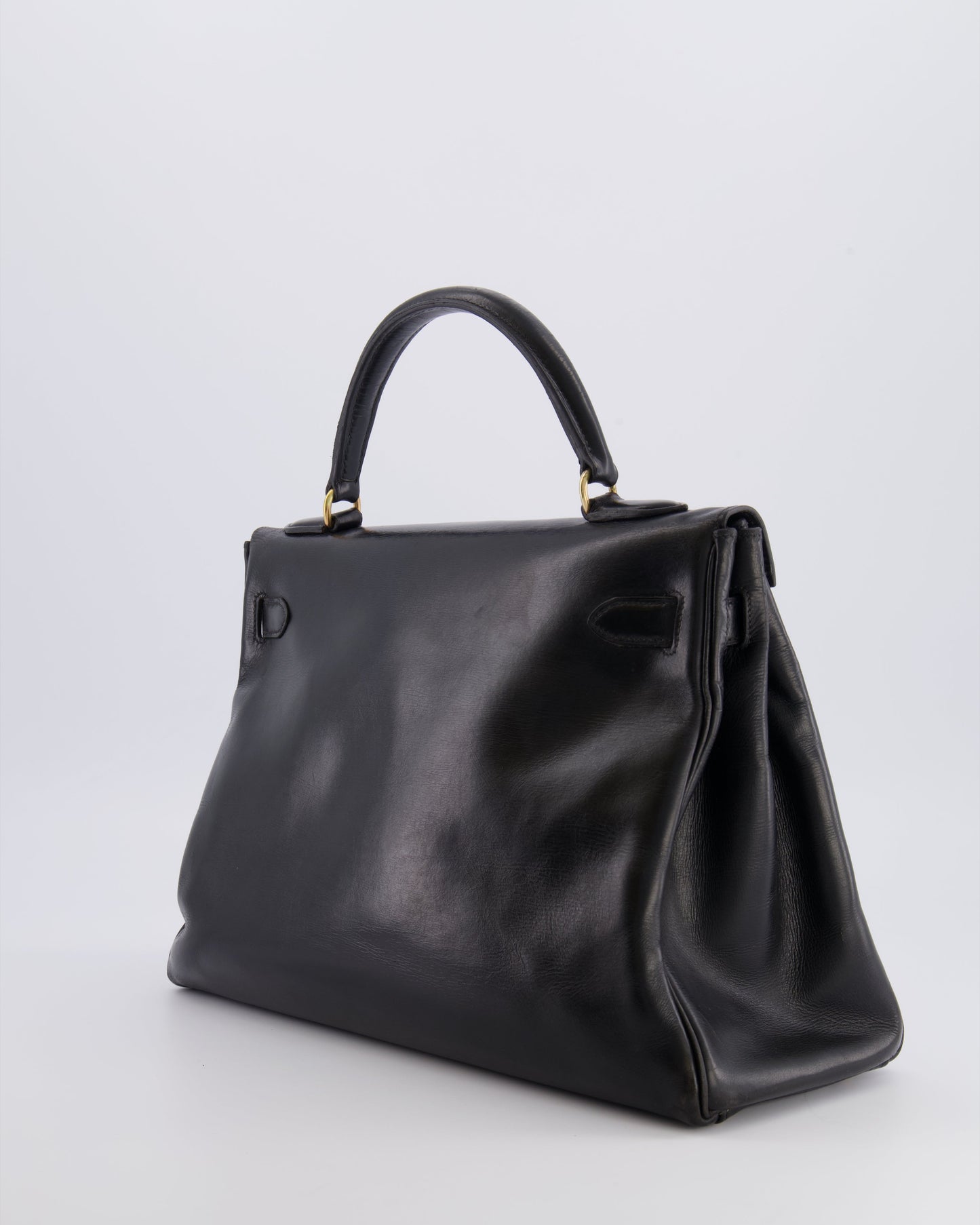 Hermes Vintage Kelly 32 Retourne Bag in Black Calfskin Box Leather with Gold Hardware