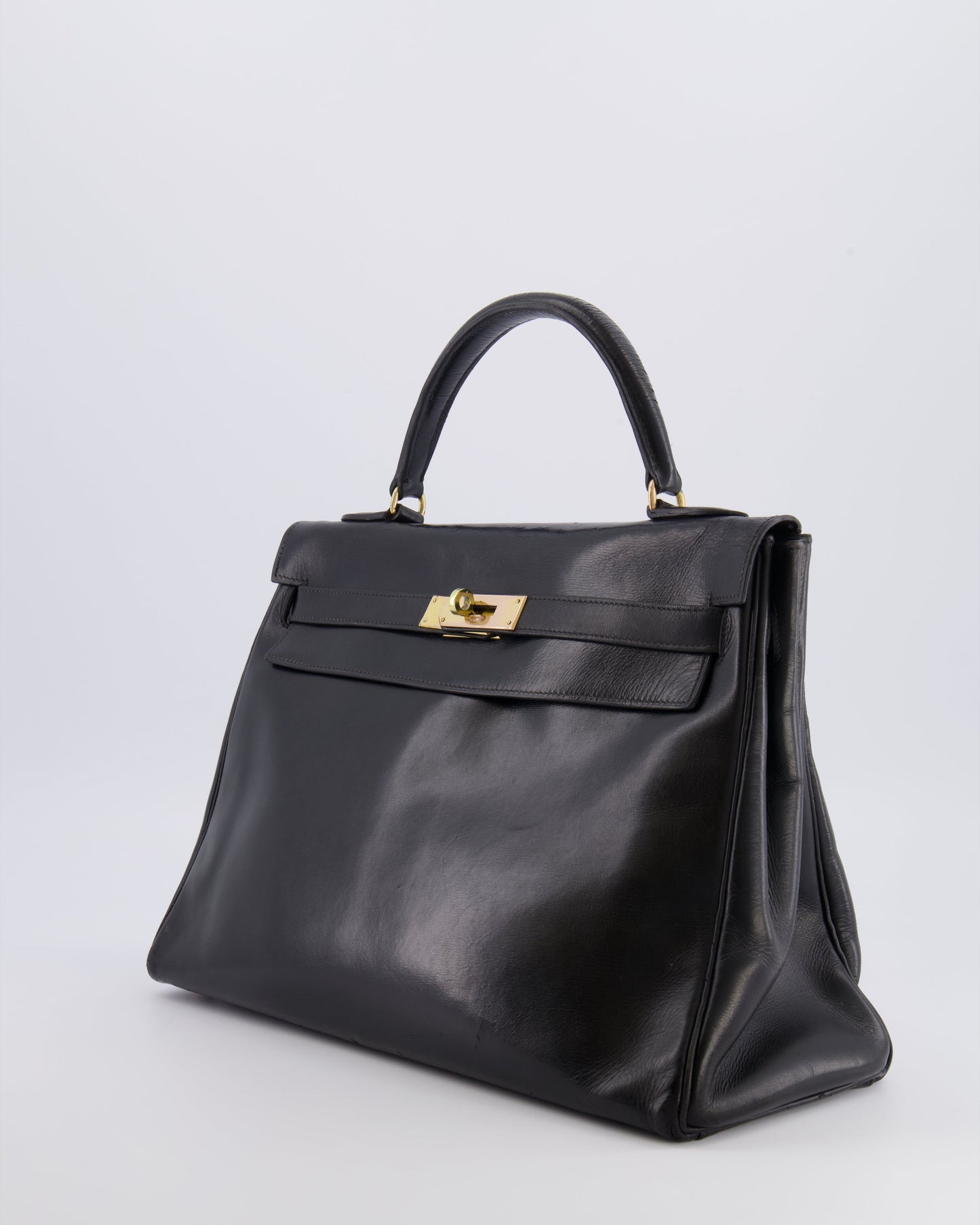 Hermes Vintage Kelly 32 Retourne Bag in Black Calfskin Box Leather with Gold Hardware