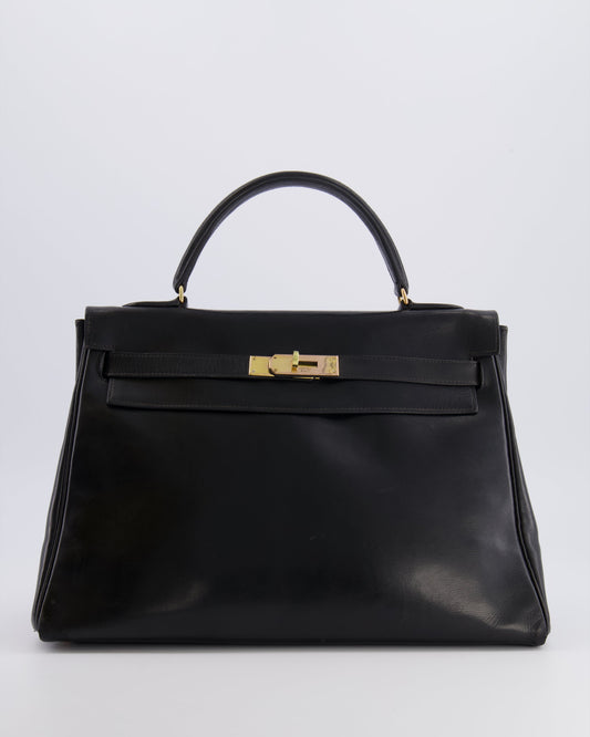 Hermes Vintage Kelly 32 Retourne Bag in Black Calfskin Box Leather with Gold Hardware
