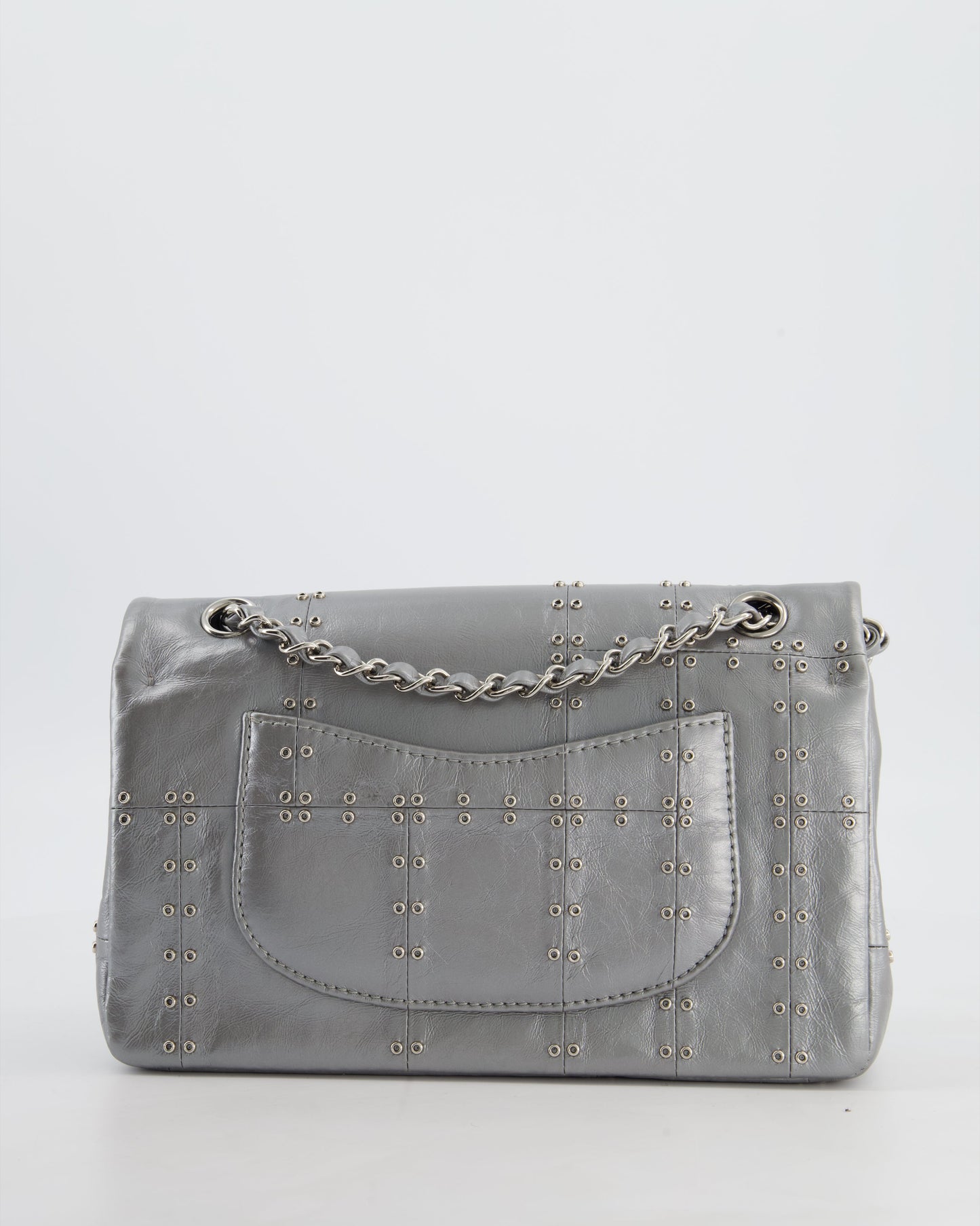 Chanel Silver Medium Airline Double Flap Bag in Glazed Calfskin with Grommet Embellishment Detail and Silver Hardware