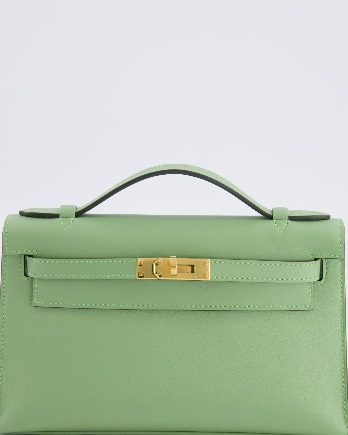 *HOT COLOUR* Hermes Mini Kelly Pochette Bag in Vert Criquet Swift Leather with Gold Hardware