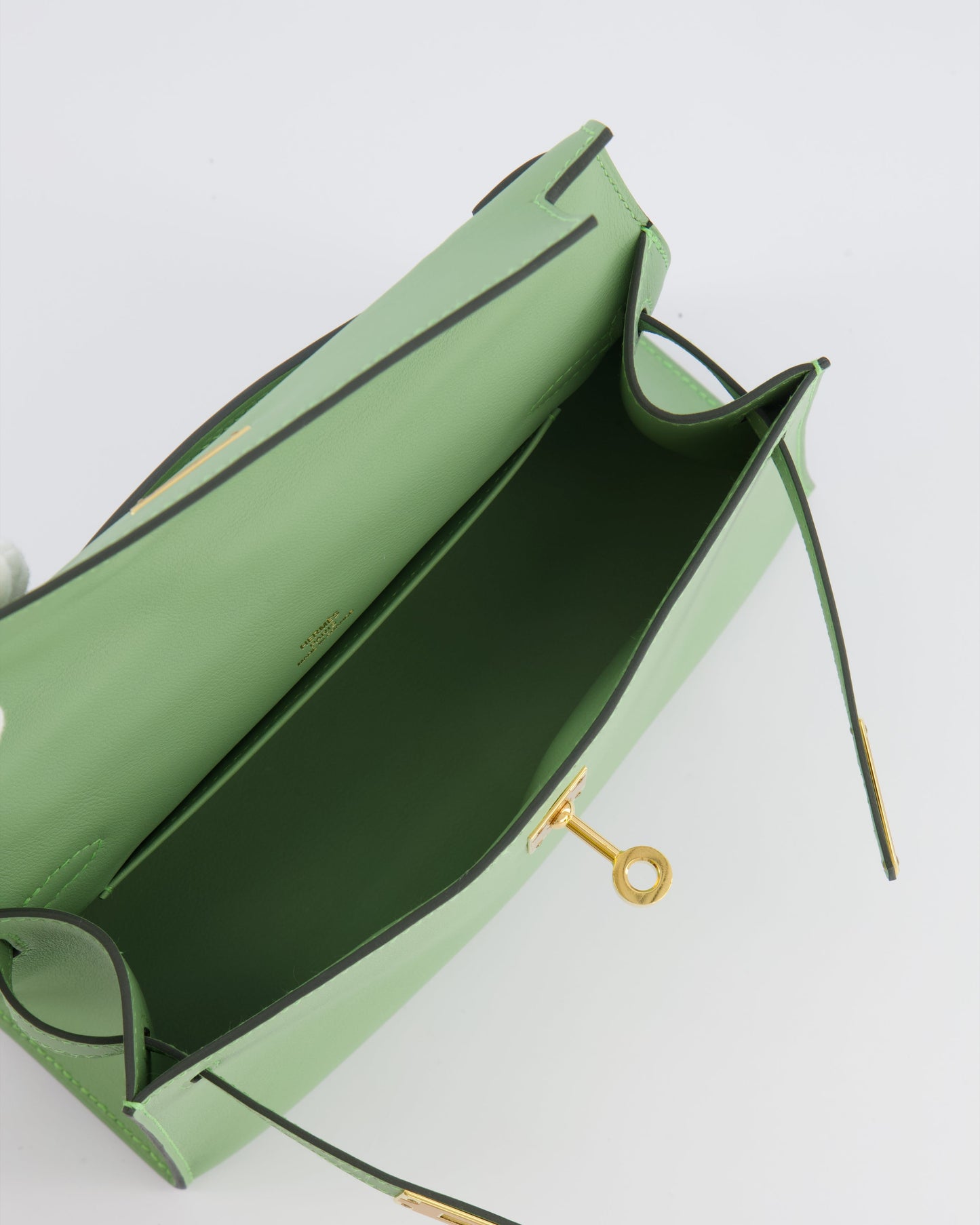 *HOT COLOUR* Hermes Mini Kelly Pochette Bag in Vert Criquet Swift Leather with Gold Hardware