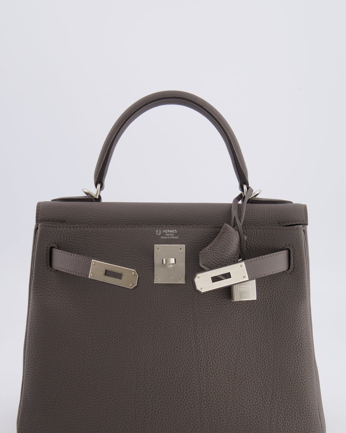 Hermes Kelly 28 Retourne HSS Bag in Gris Etain Togo Leather with Gris Perle Interior and Brushed Palladium Hardware