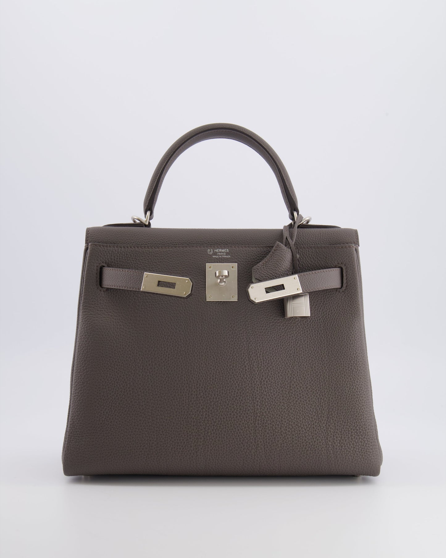 Hermes Kelly 28 Retourne HSS Bag in Gris Etain Togo Leather with Gris Perle Interior and Brushed Palladium Hardware