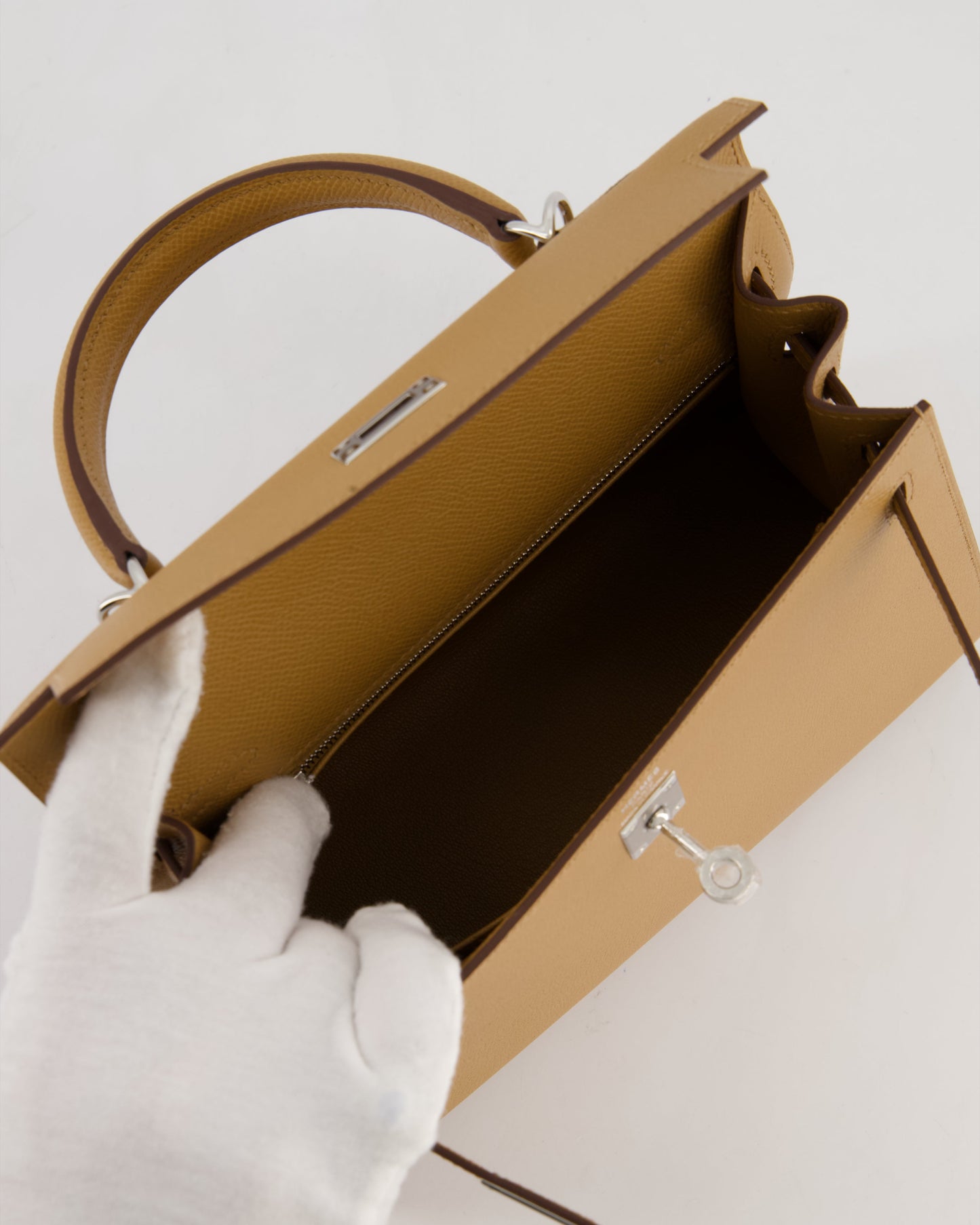 Hermes Kelly 25 Sellier Bag in Biscuit Epsom Leather with Palladium Hardware