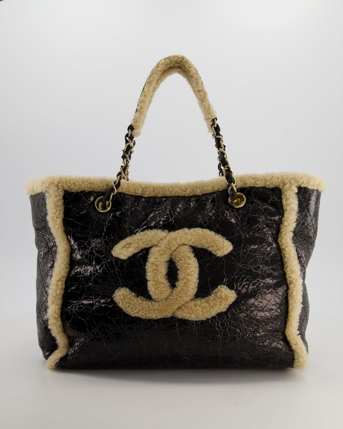 Chanel Black Shiny Crumpled Shearling CC Mania Deauville Tote Bag with Champagne Gold Hardware