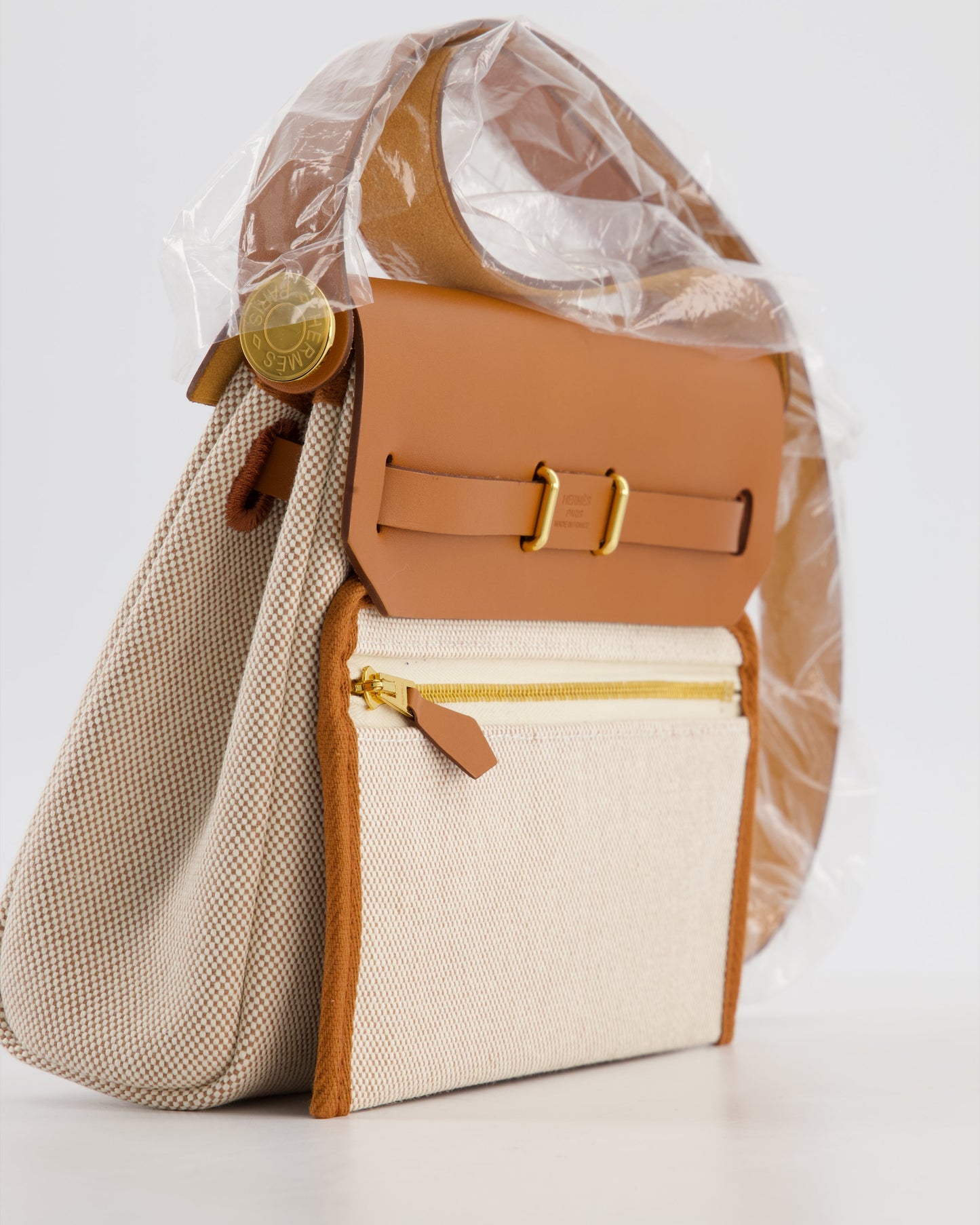 *HOT* Hermes Herbag Zip 20 Bag in Fauve Vache Hunter Leather & Ecru/Beige Viking Canvas with Gold Hardware