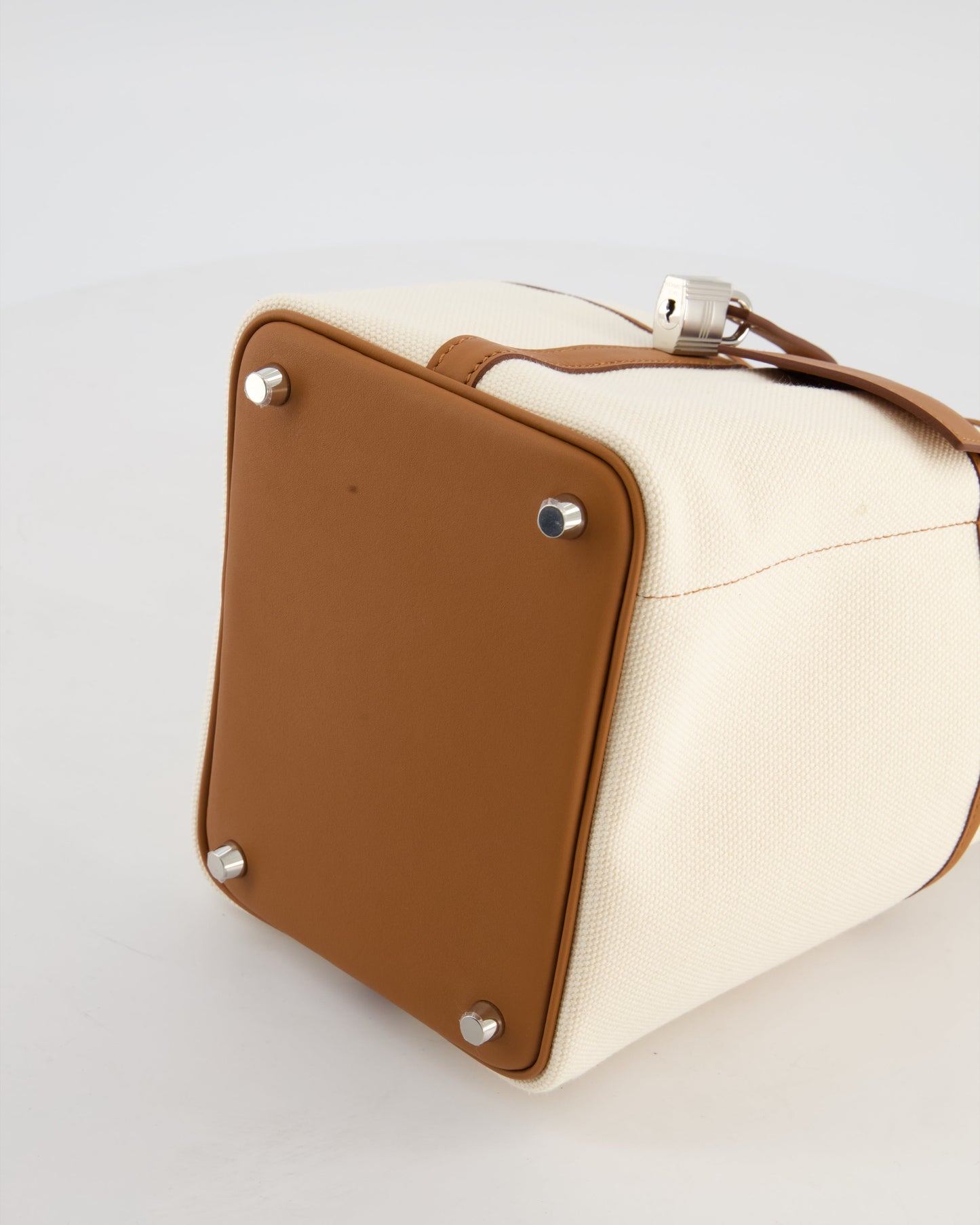 *HOT* Hermes Picotin 18 Lock Cargo Bag in Ecru Canvas & Gold Swift Leather with Palladium Hardware
