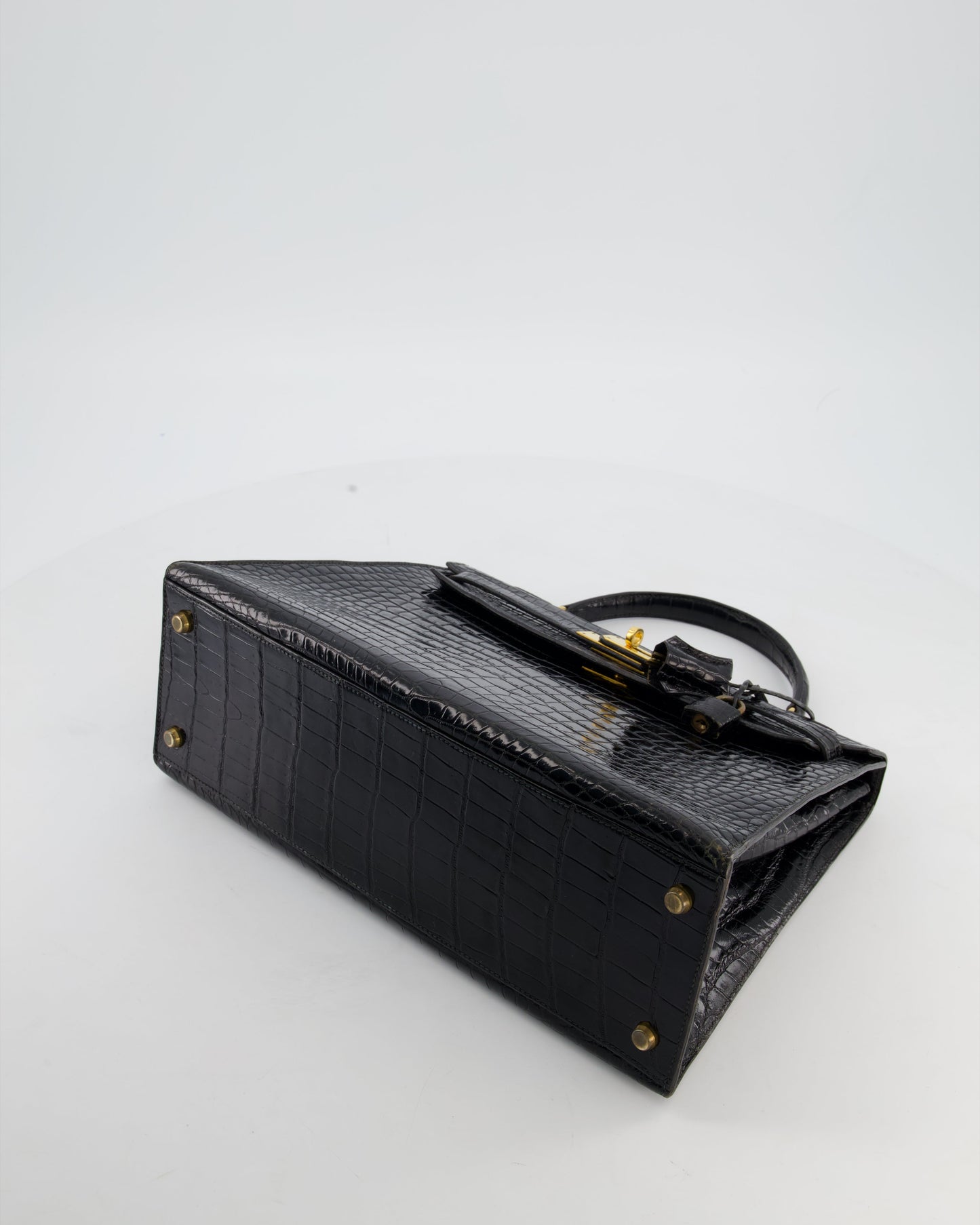 *HOT* Hermes Vintage Kelly 32 Sellier Bag in Noir Porosus Crocodile Leather with Gold Hardware