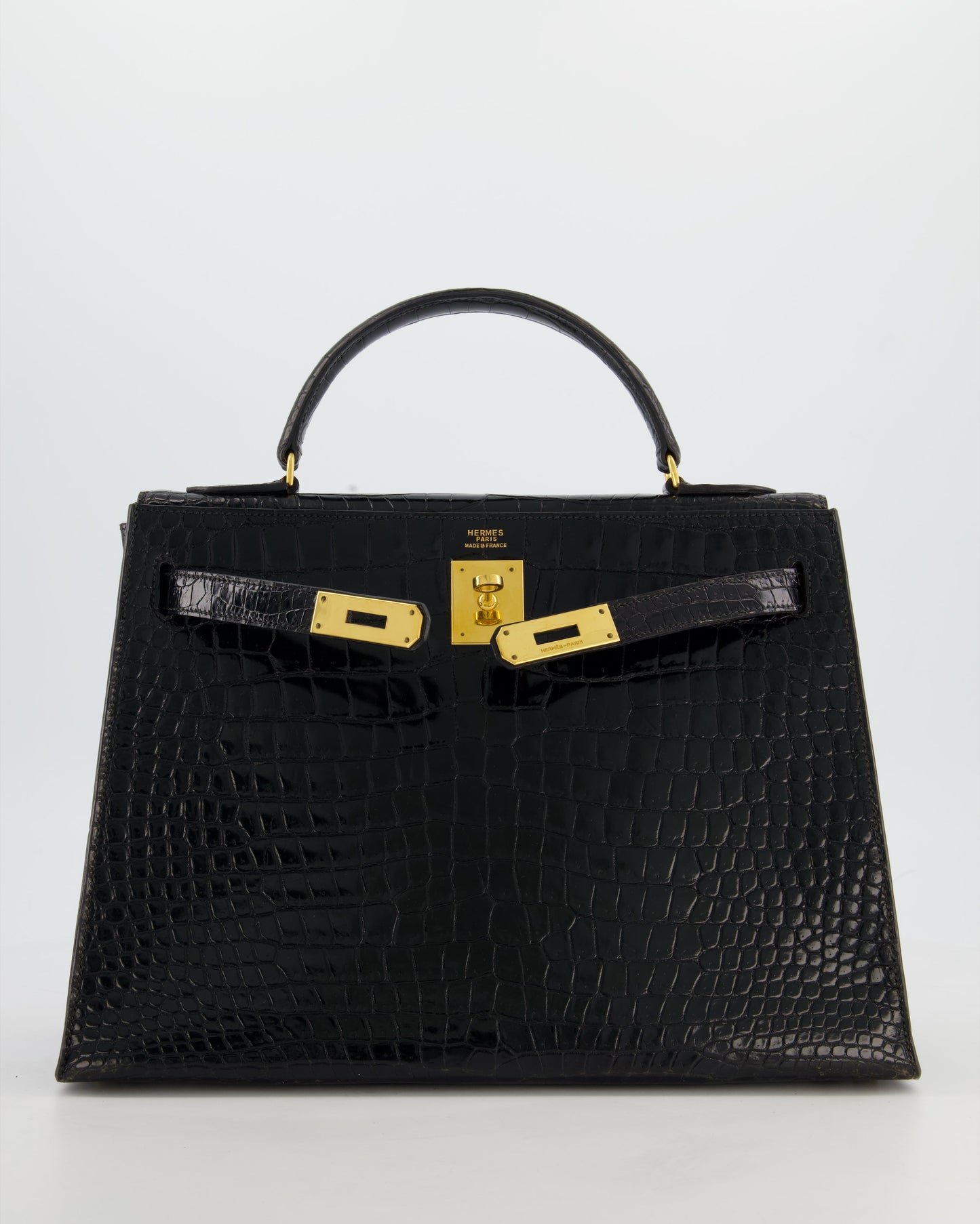 *HOT* Hermes Vintage Kelly 32 Sellier Bag in Noir Porosus Crocodile Leather with Gold Hardware