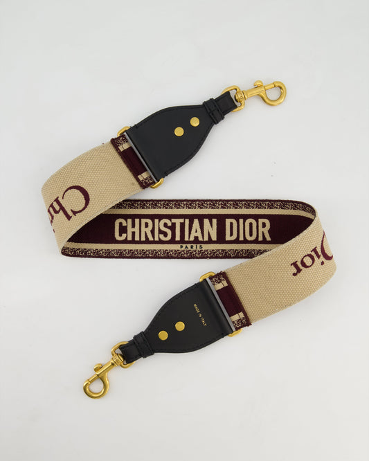 Christian Dior Burgundy & Ecru Canvas Guitar Bag Strap with Antique Gold Hardware & Black Leather