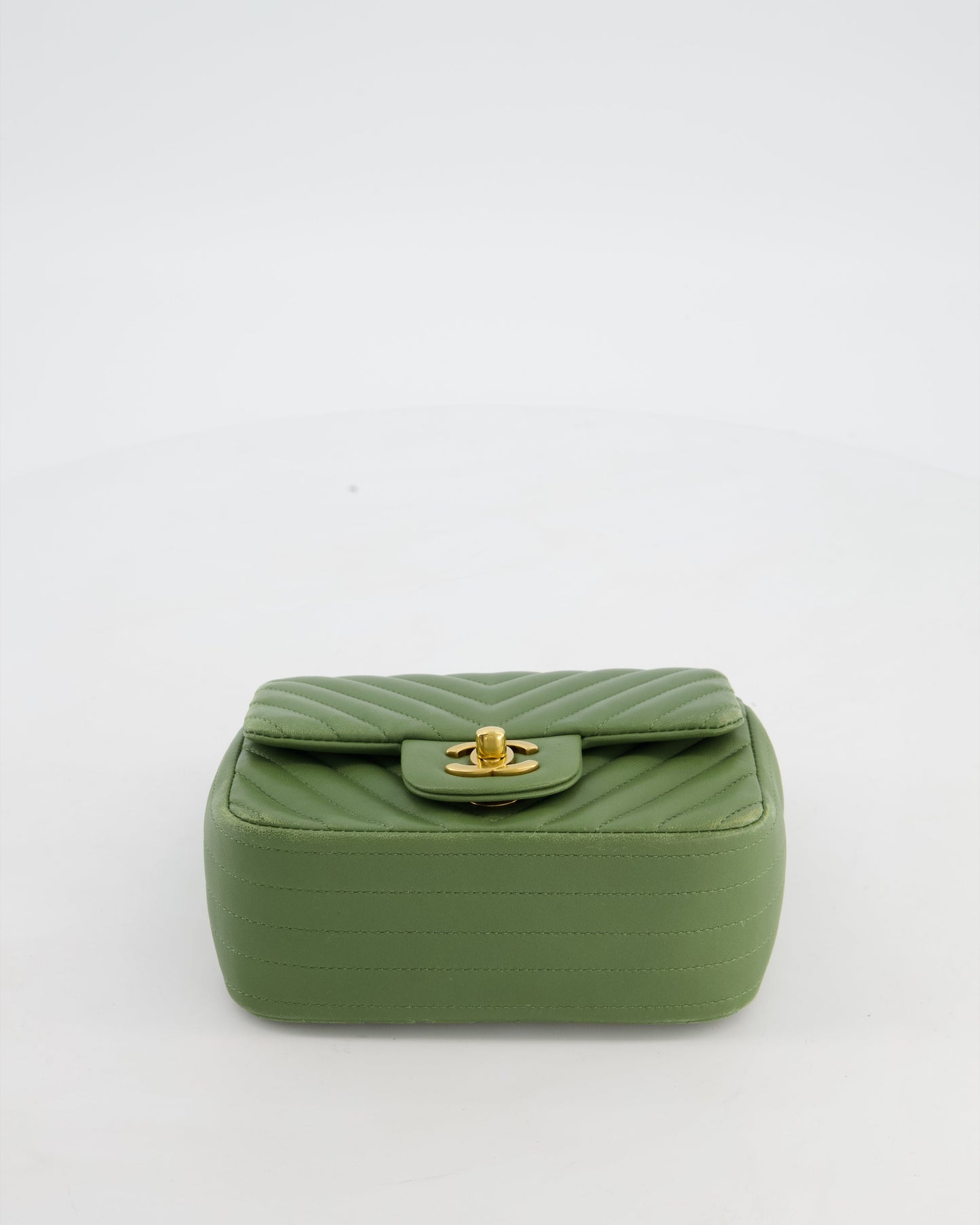 Chanel Olive Green Chevron Lambskin Leather Mini Square Classic Flap Bag with Gold Hardware