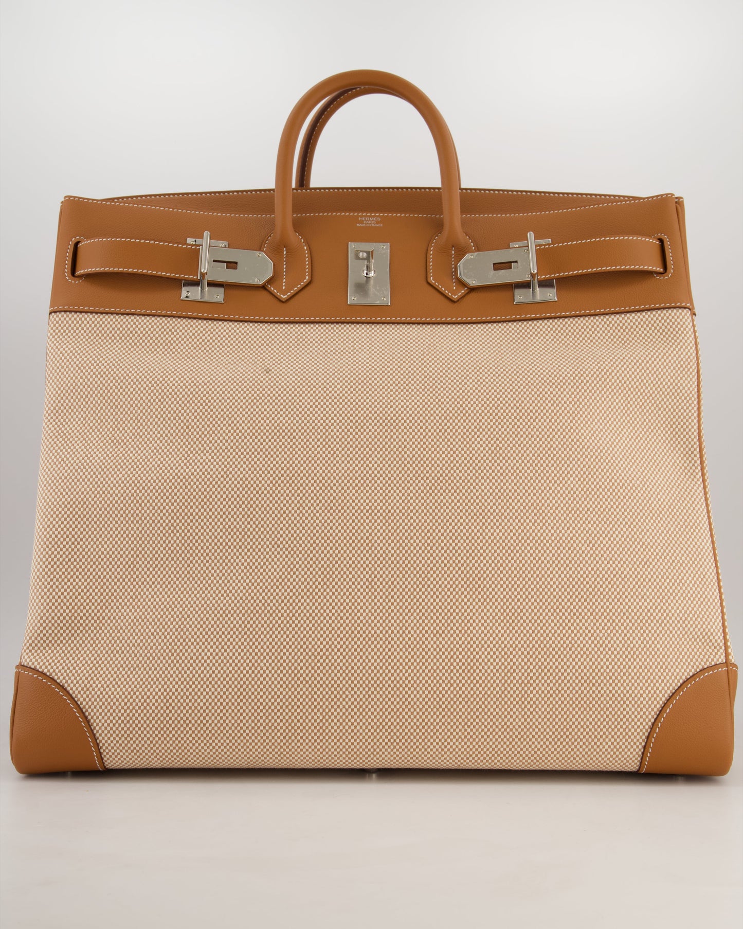 *RARE* Hermes Haut à Courroies HAC 50 Bag in Gold Evercolour Leather & Écru/Beige Toile Cross Canvas with Palladium Hardware