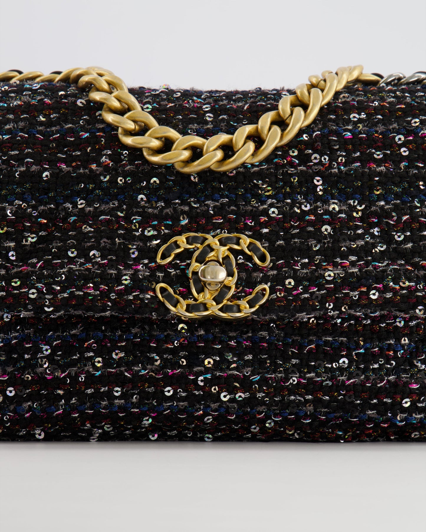 Chanel Small 19 Flap Bag in Black Tweed and Multicolour Sequins with Mixed Hardware