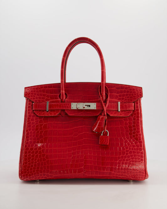 *HOT & RARE* Hermes Birkin 30 Retourne Bag in Braise Shiny Porosus Crocodile Leather with Palladium Hardware