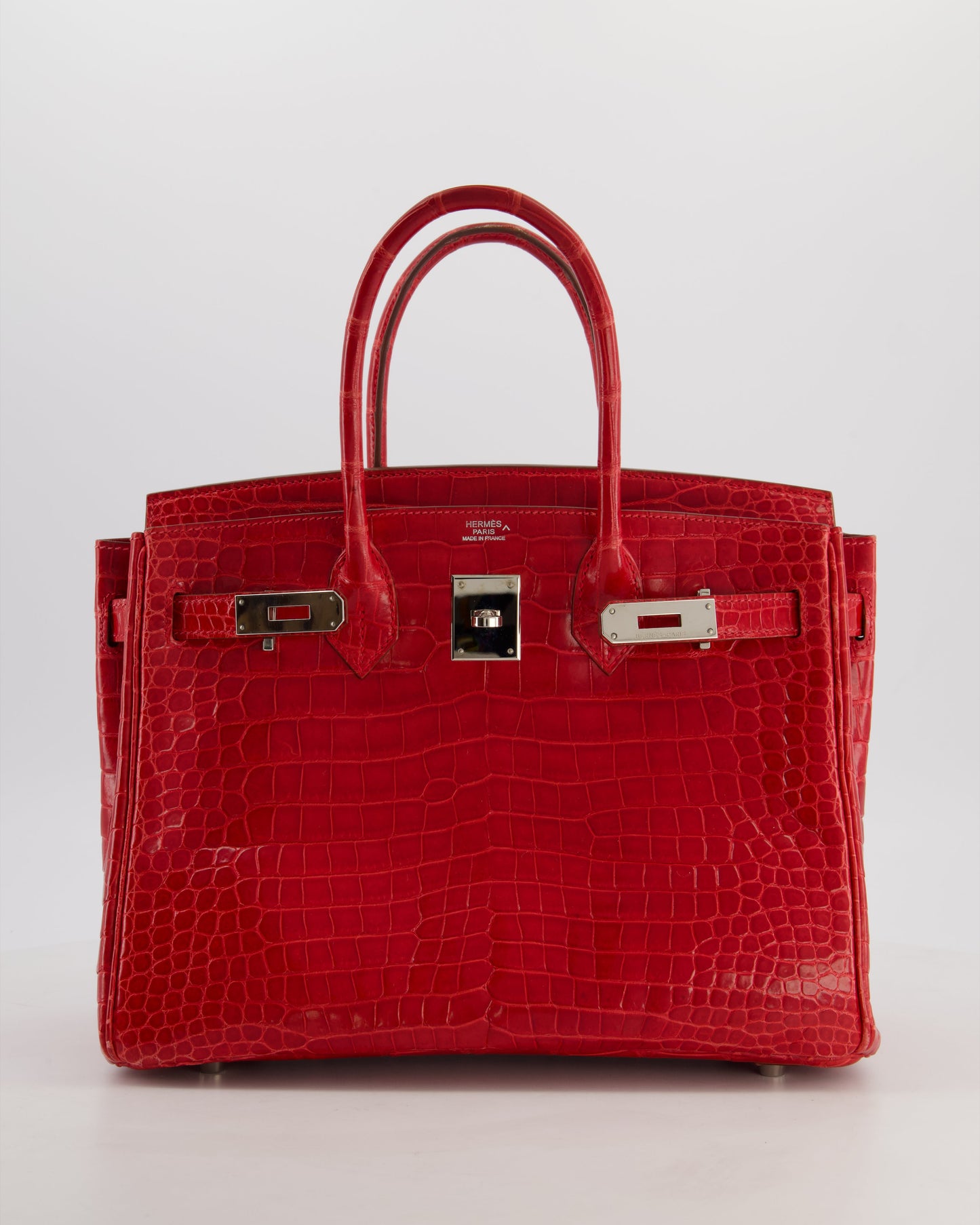 *HOT & RARE* Hermes Birkin 30 Retourne Bag in Braise Shiny Porosus Crocodile Leather with Palladium Hardware