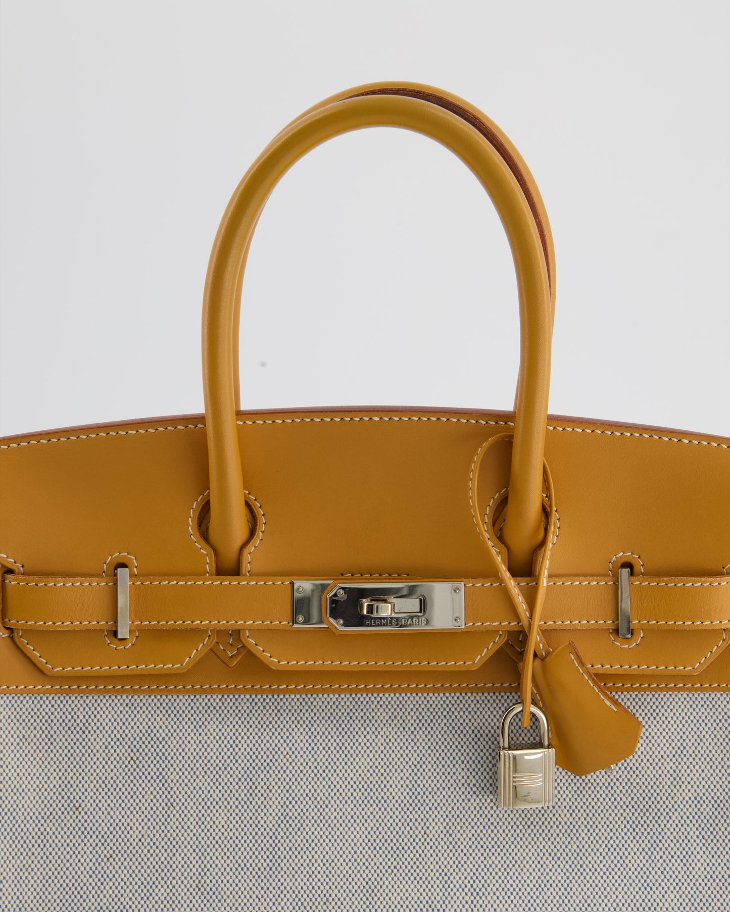 *RARE* Hermes Vintage Birkin 30 Retourne Toile Bag in Natural Sable Vache Naturelle Leather & Écru/Ciel Cross Toile Canvas with Palladium Hardware