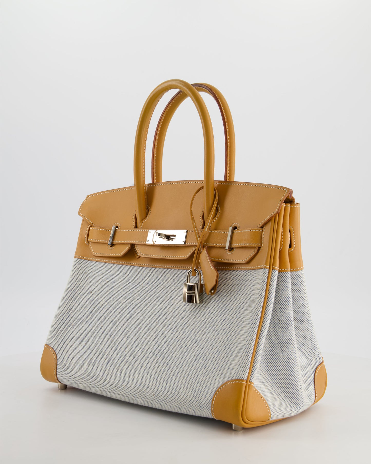 *RARE* Hermes Vintage Birkin 30 Retourne Toile Bag in Natural Sable Vache Naturelle Leather & Écru/Ciel Cross Toile Canvas with Palladium Hardware