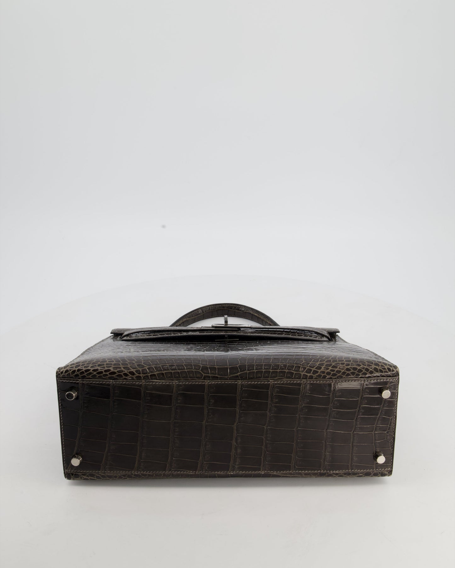 Hermes Vintage Kelly 32 Sellier Bag in Graphite Shiny Porosus Crocodile Leather with Palladium Hardware