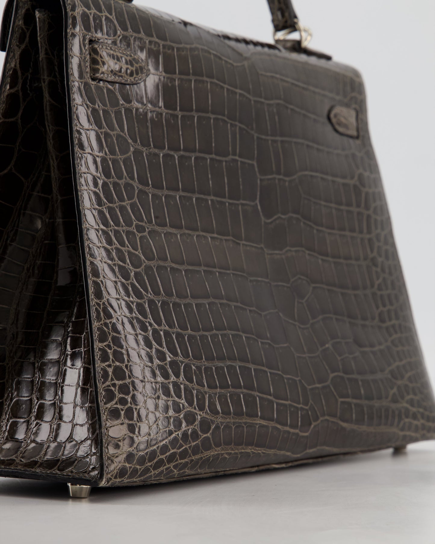 Hermes Vintage Kelly 32 Sellier Bag in Graphite Shiny Porosus Crocodile Leather with Palladium Hardware