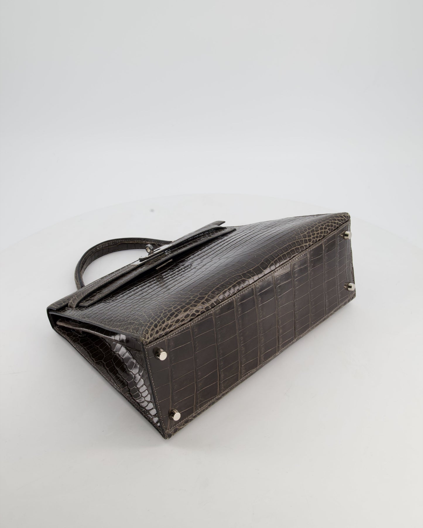 Hermes Vintage Kelly 32 Sellier Bag in Graphite Shiny Porosus Crocodile Leather with Palladium Hardware