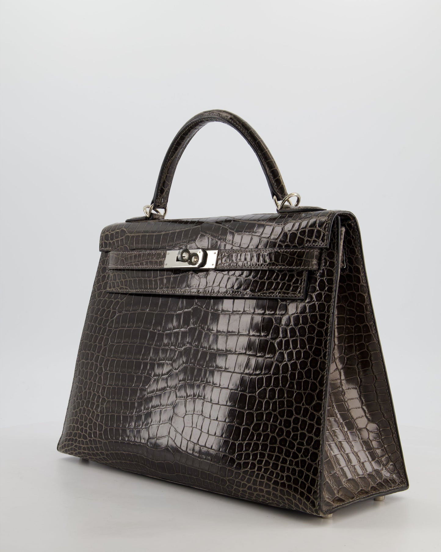 Hermes Vintage Kelly 32 Sellier Bag in Graphite Shiny Porosus Crocodile Leather with Palladium Hardware