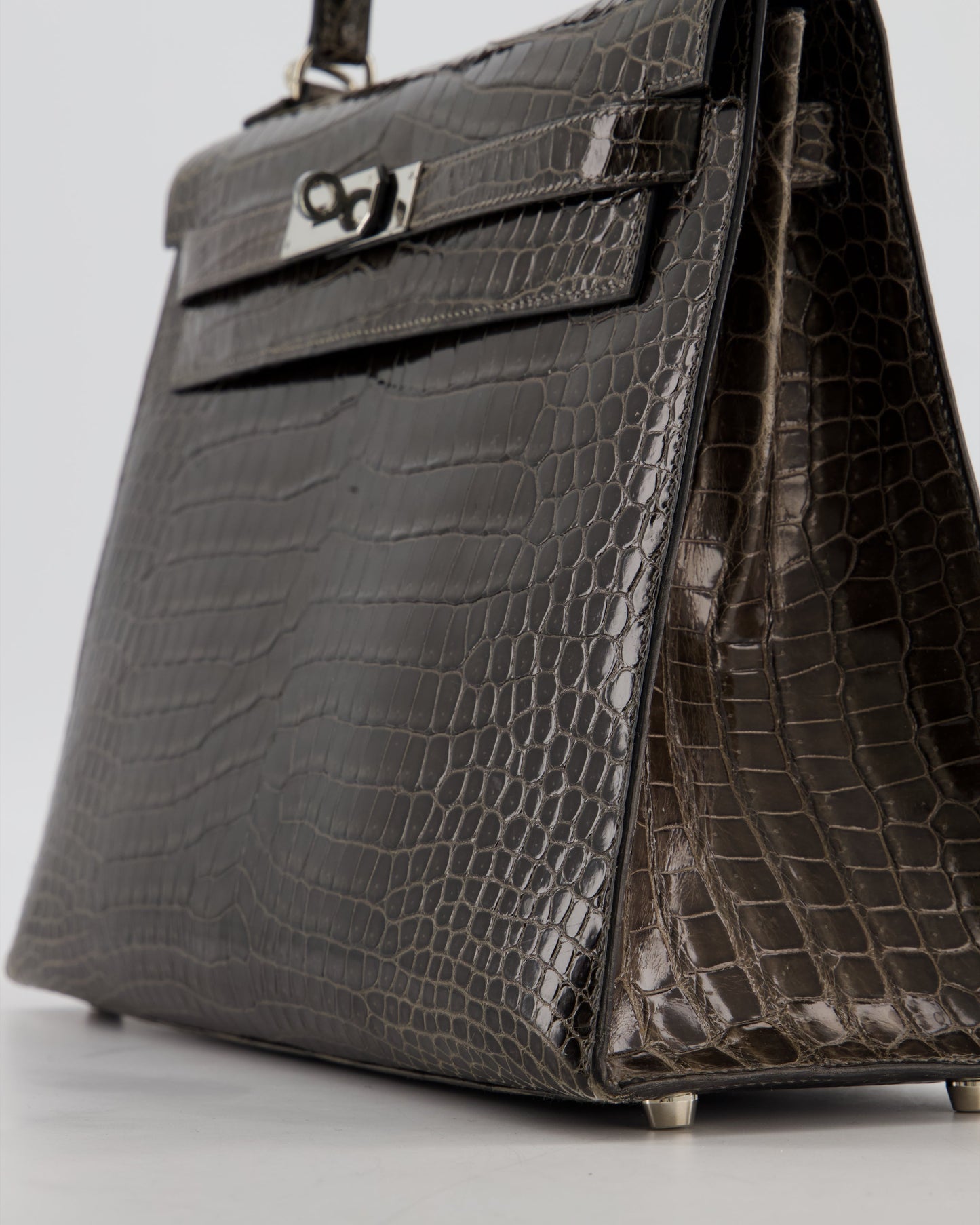 Hermes Vintage Kelly 32 Sellier Bag in Graphite Shiny Porosus Crocodile Leather with Palladium Hardware
