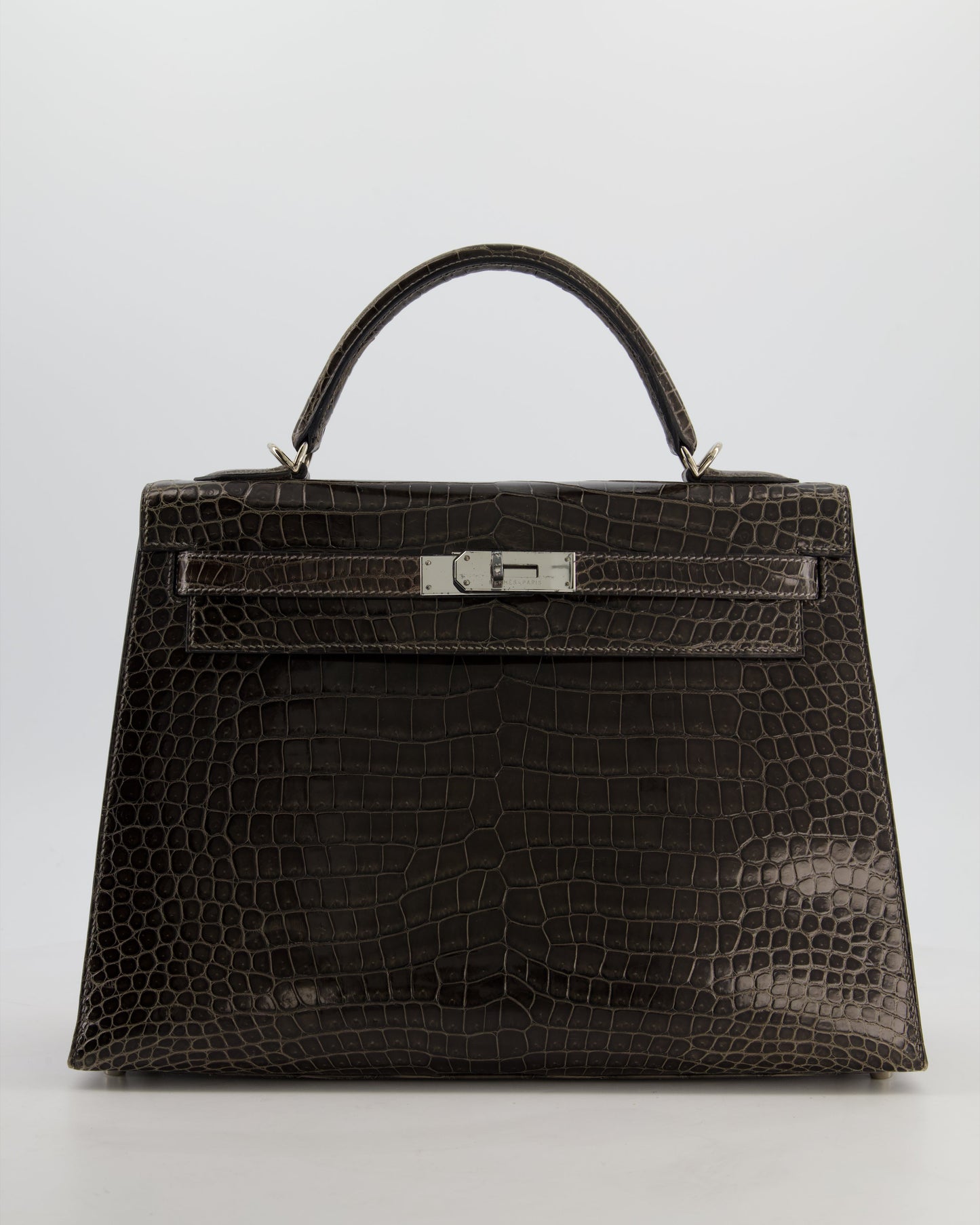 Hermes Vintage Kelly 32 Sellier Bag in Graphite Shiny Porosus Crocodile Leather with Palladium Hardware