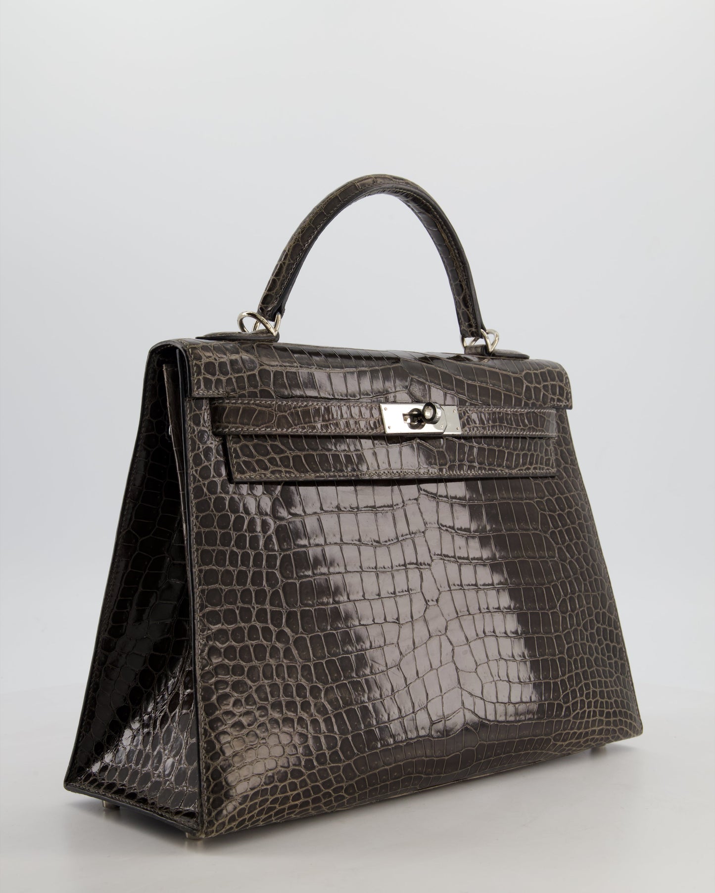 Hermes Vintage Kelly 32 Sellier Bag in Graphite Shiny Porosus Crocodile Leather with Palladium Hardware
