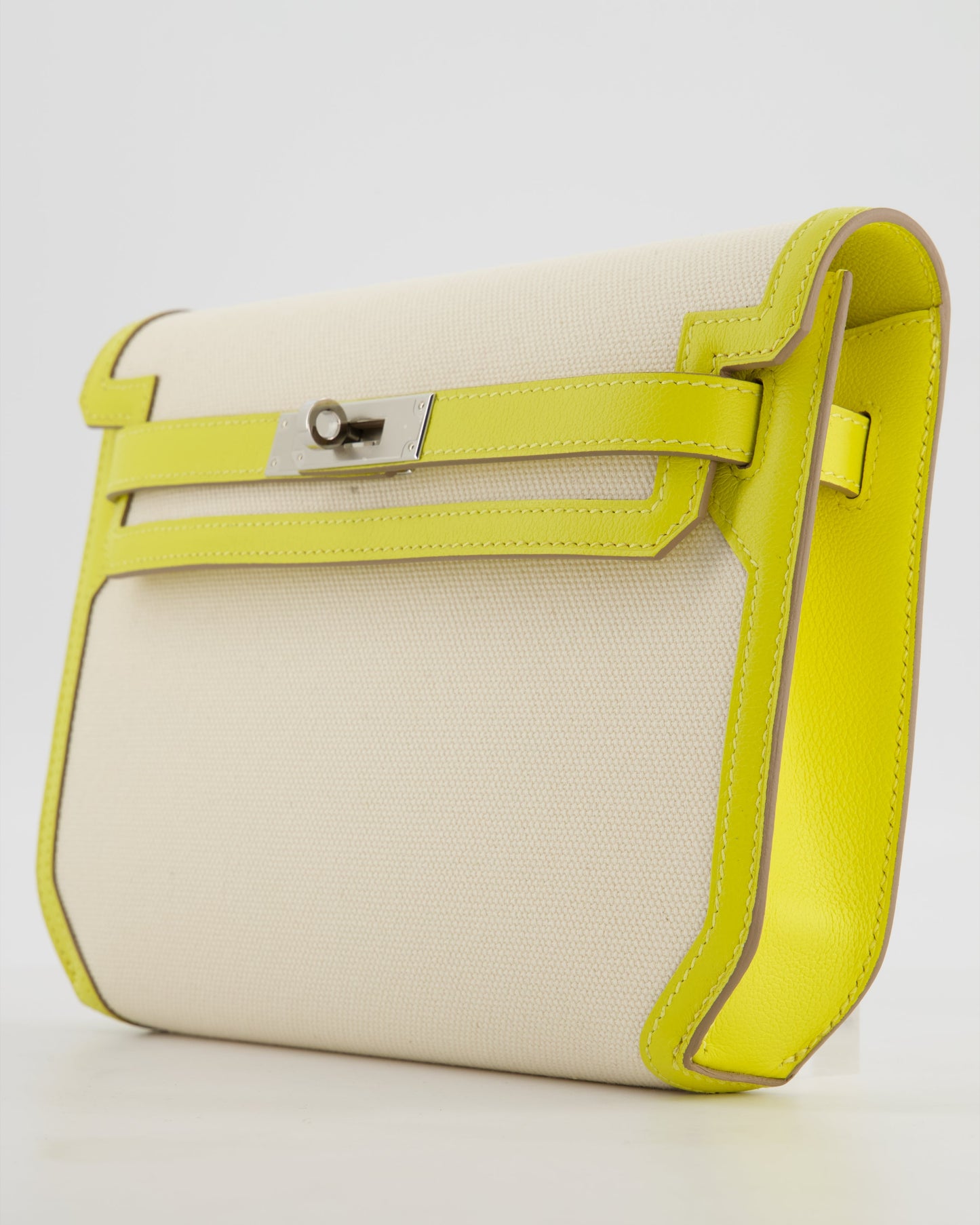 Hermes Kelly Depeches 25 Verso Bag in Ecru Canvas and Jaune Citron Chèvre with Palladium Hardware