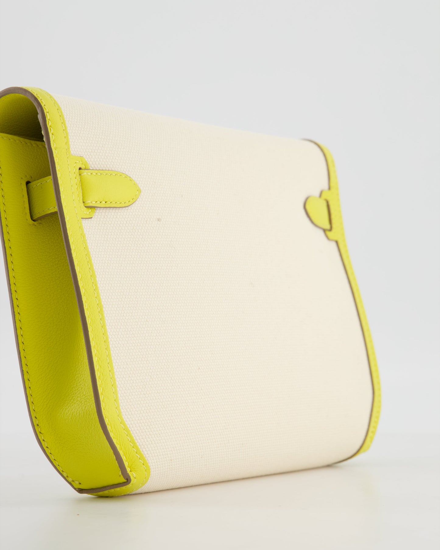 Hermes Kelly Depeches 25 Verso Bag in Ecru Canvas and Jaune Citron Chèvre with Palladium Hardware