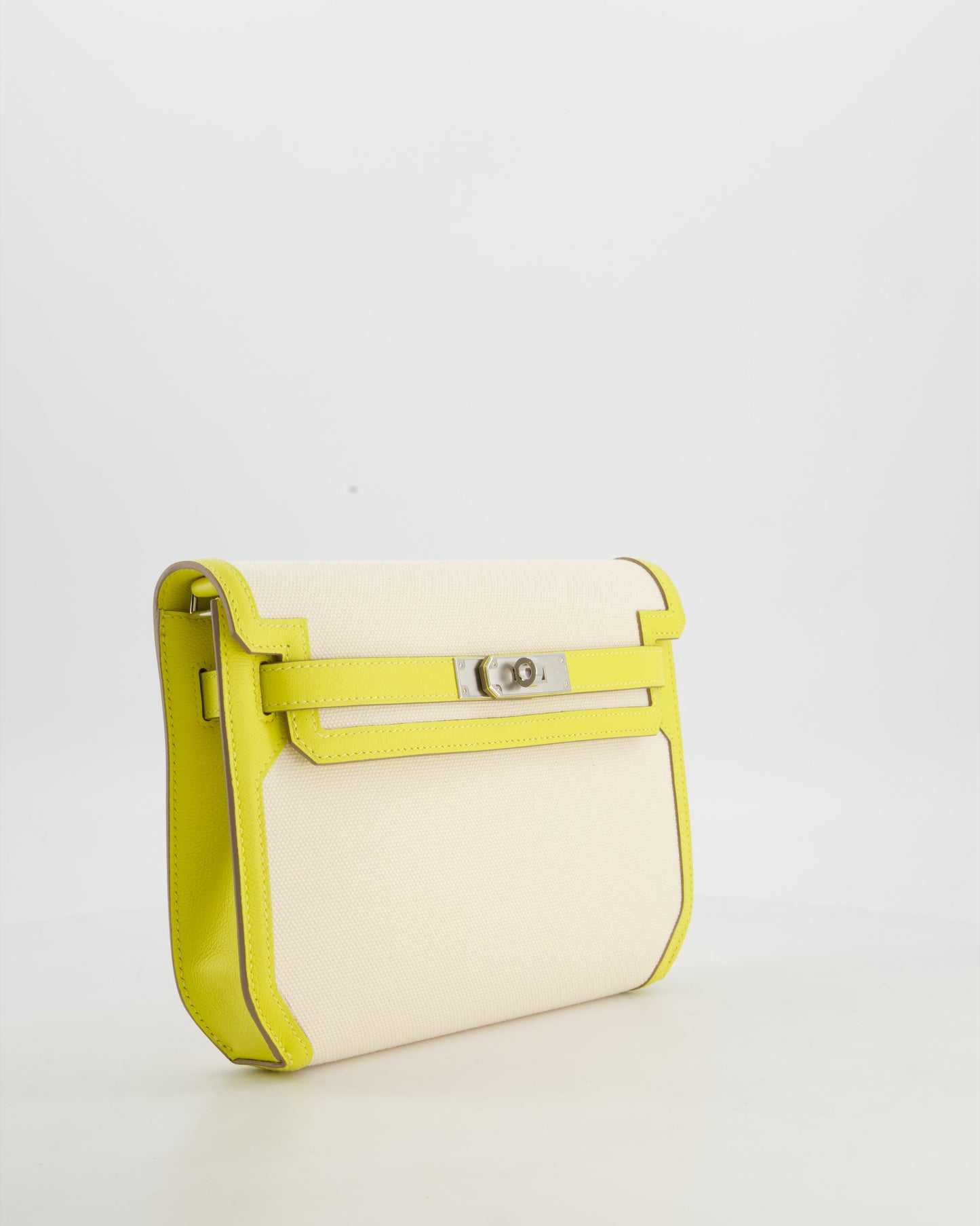 Hermes Kelly Depeches 25 Verso Bag in Ecru Canvas and Jaune Citron Chèvre with Palladium Hardware