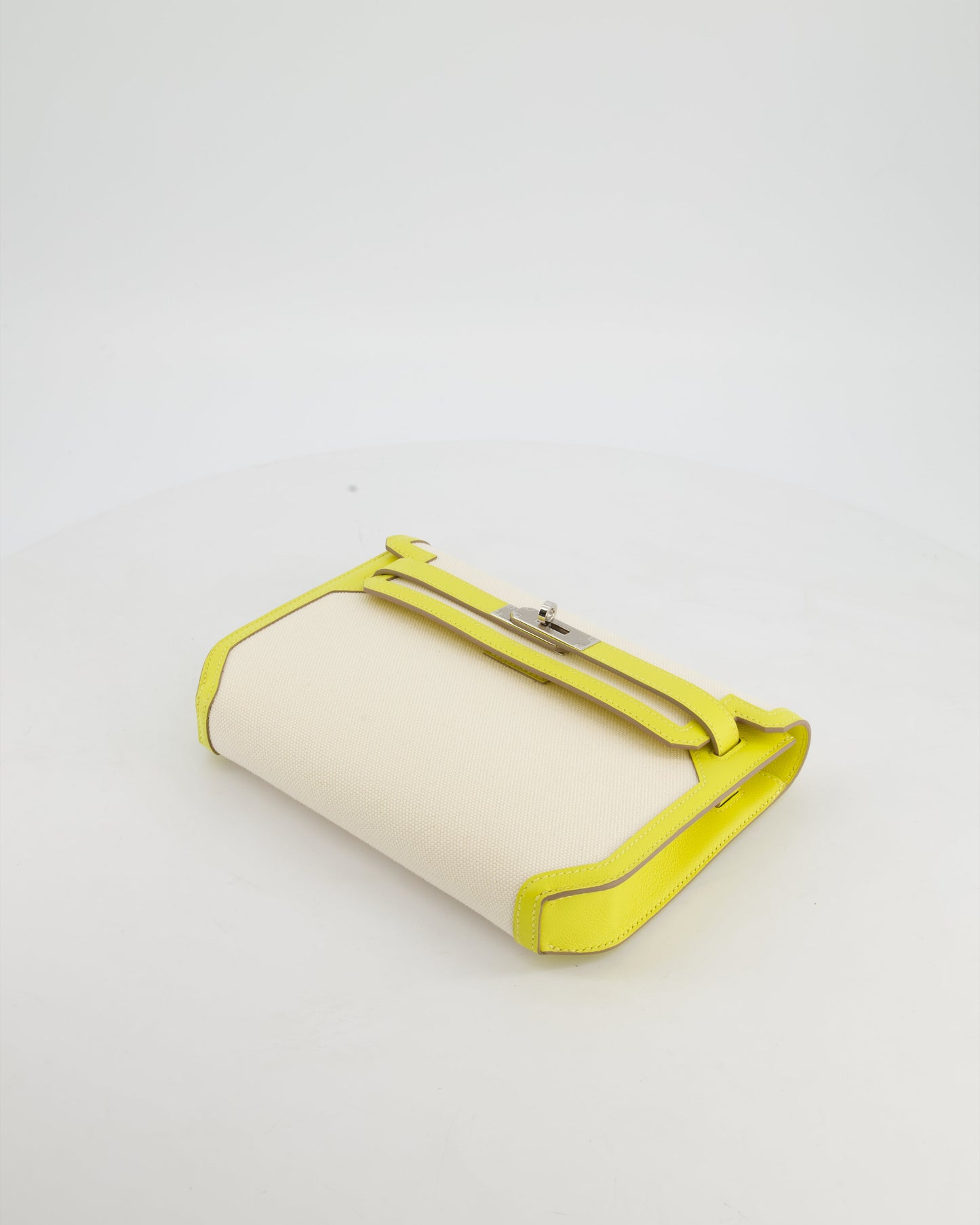 Hermes Kelly Depeches 25 Verso Bag in Ecru Canvas and Jaune Citron Chèvre with Palladium Hardware