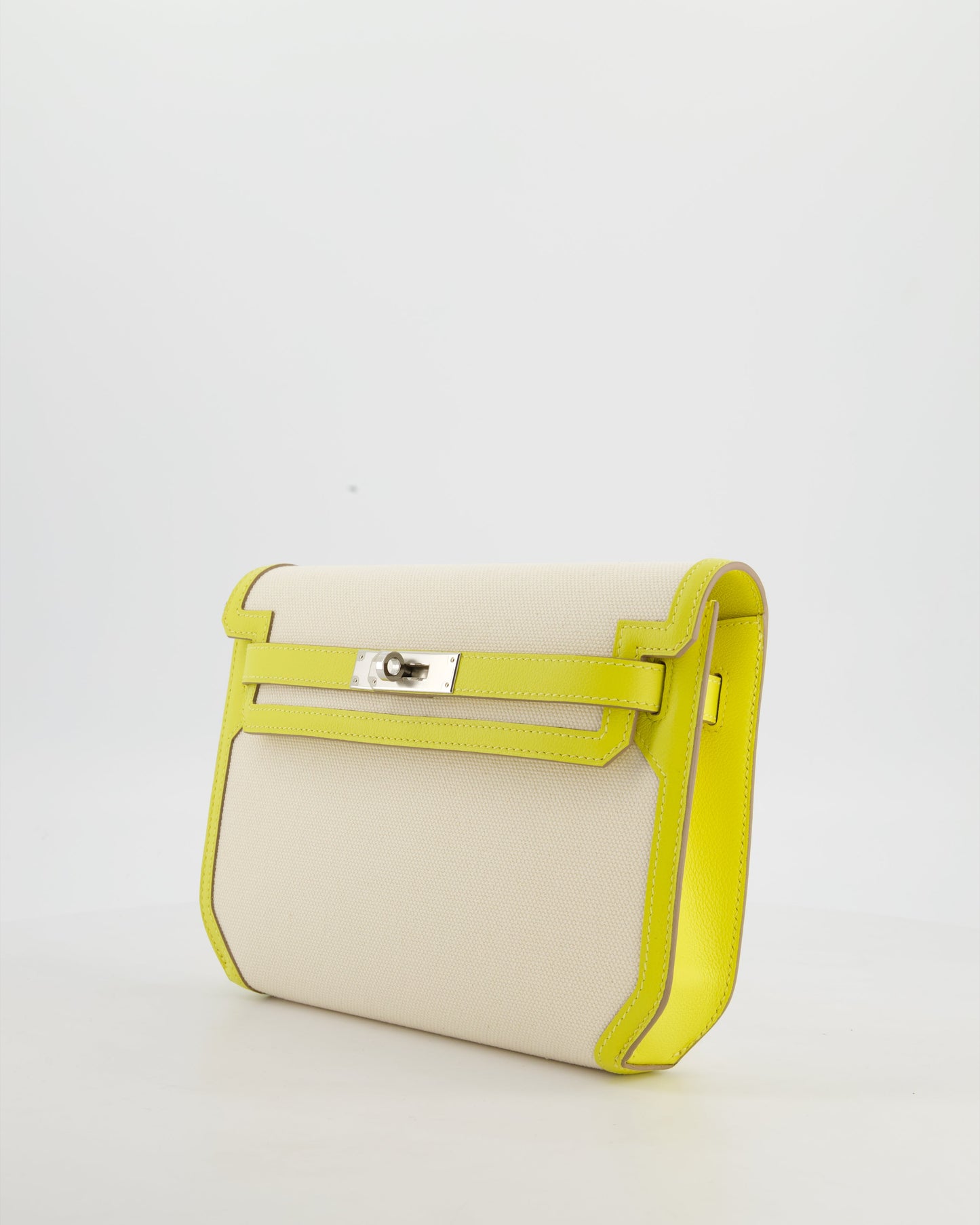 Hermes Kelly Depeches 25 Verso Bag in Ecru Canvas and Jaune Citron Chèvre with Palladium Hardware