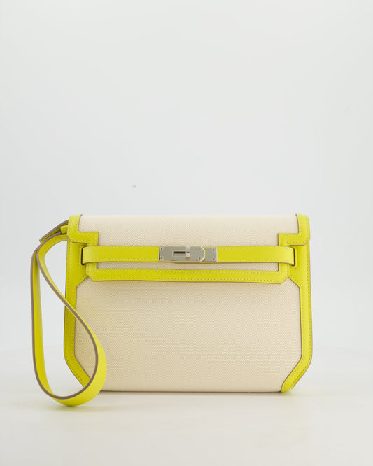 Hermes Kelly Depeches 25 Verso Bag in Ecru Canvas and Jaune Citron Chèvre with Palladium Hardware
