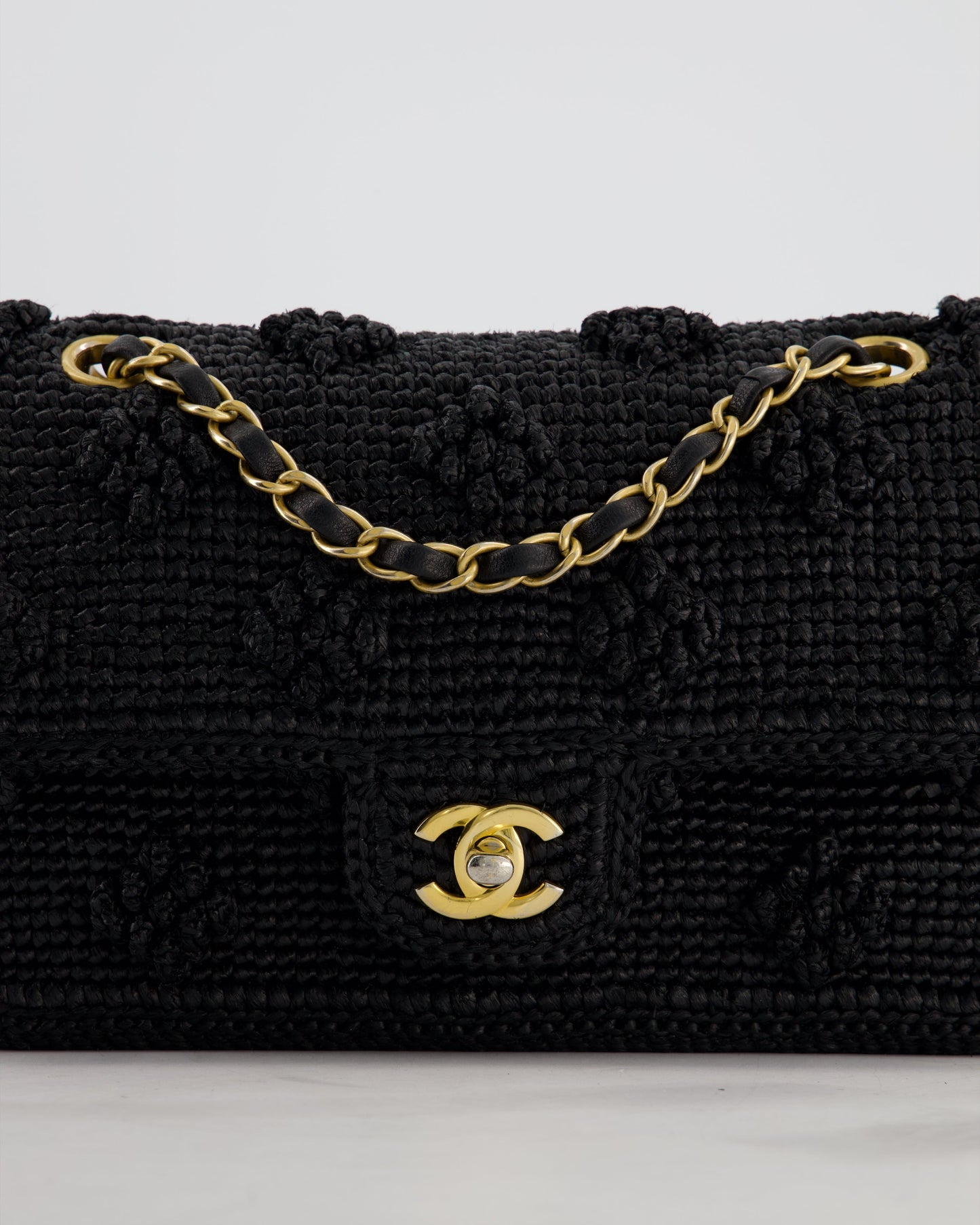 *HOT* Chanel Black Crocheted Raffia Small Single Flap Cross-Body Bag with Antique Gold Hardware