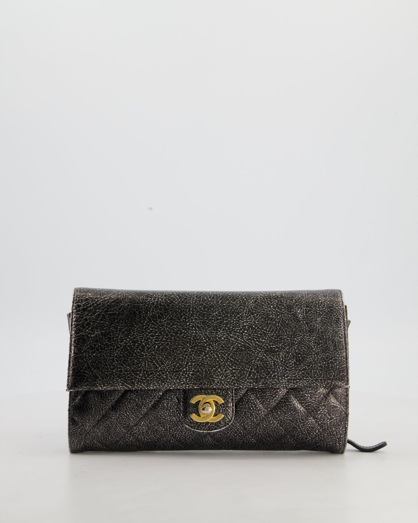 Chanel Black, Cracked Silver Metallic Wallet on Chain Bag in Calfskin Leather with Antique Gold Hardware
