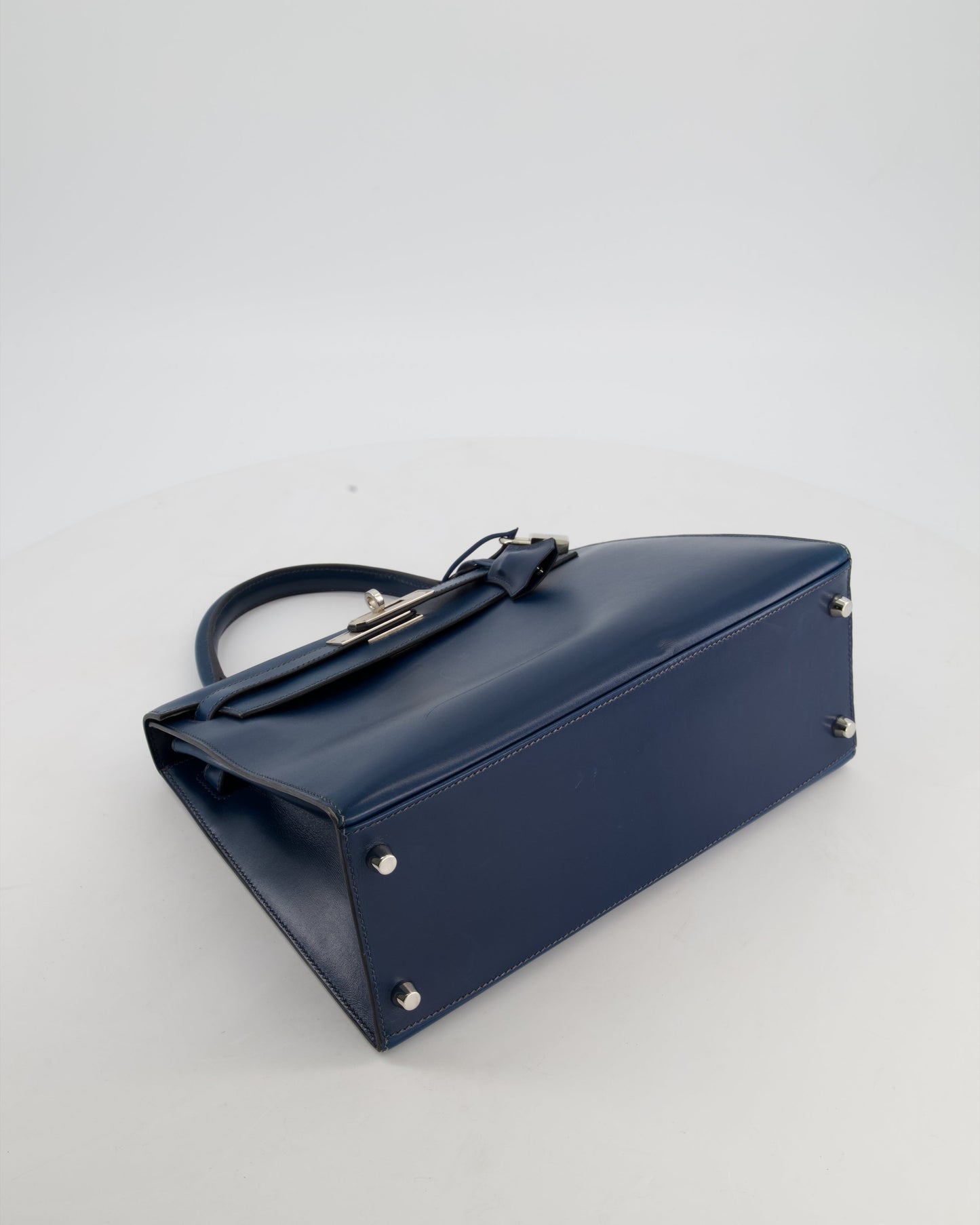 *VERY RARE* Hermes Kelly 28 Sellier Bag in Bleu De Prusse Box Calf Leather with Guilloche Palladium Hardware